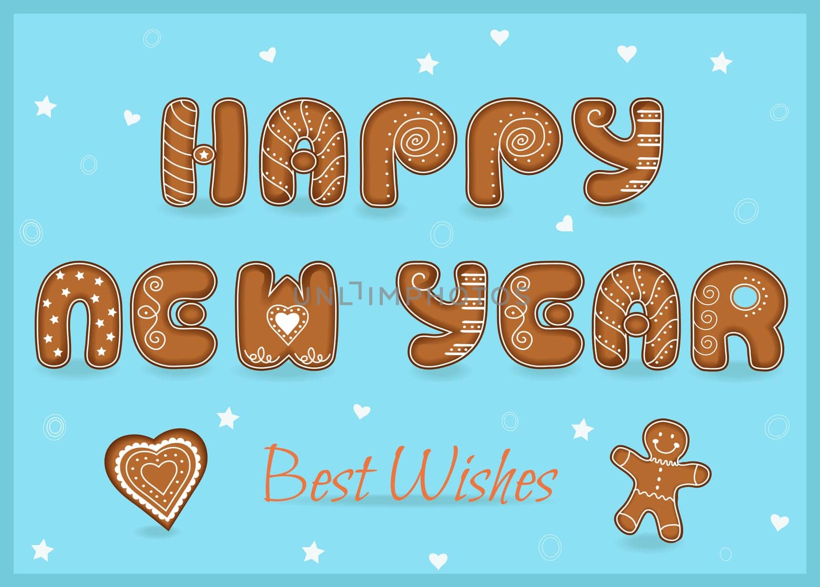 Festive Inscription with Gingerbread letters. Happy New Year. Best wishes. Heart and gingerbread man. Unusual sweet font with white decor.  Illustration.