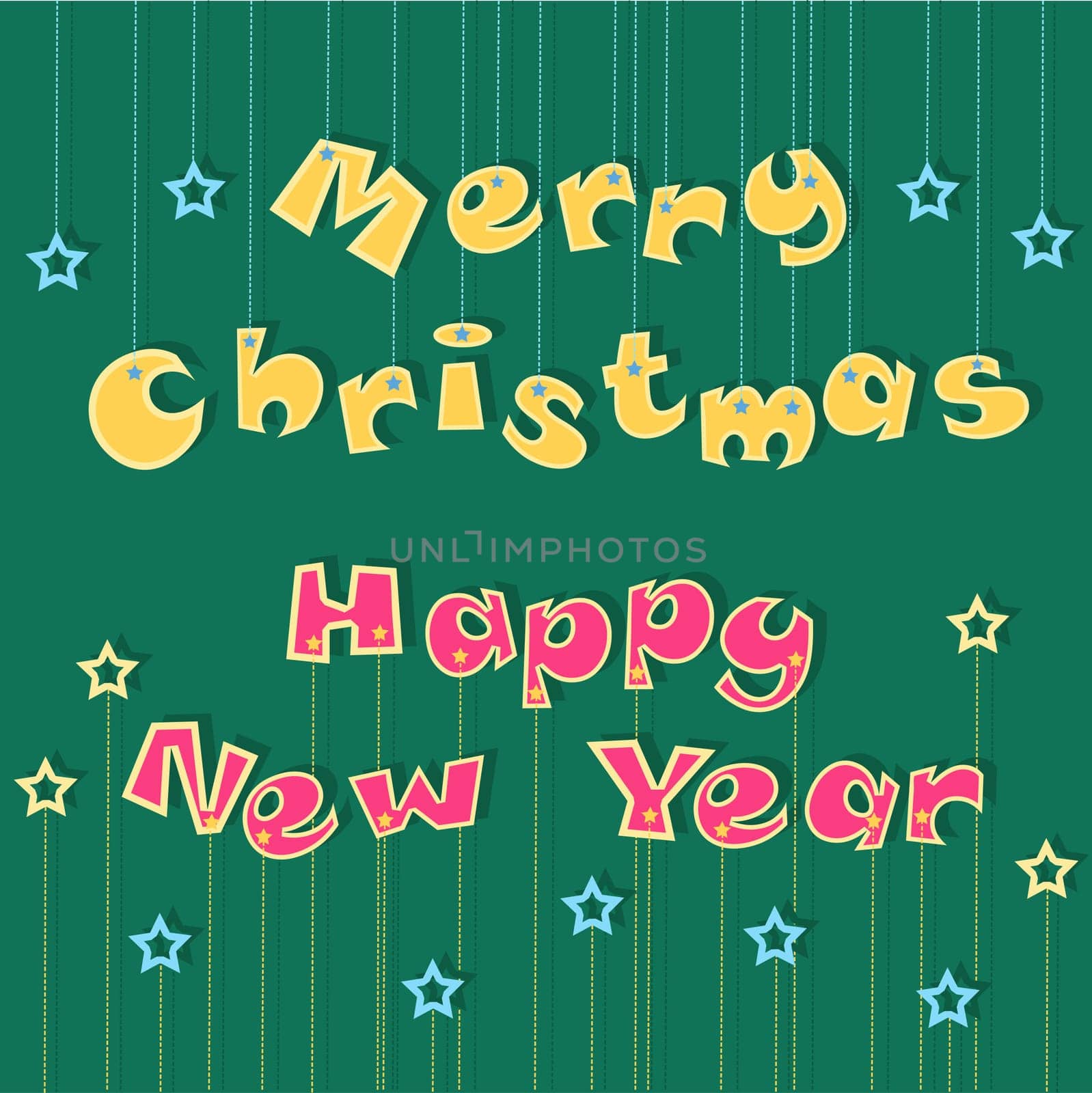 Merry Christmas. Happy New Year. Greeting card. Yellow and red cartoon artistic font with yellow and blue stars. Illustration