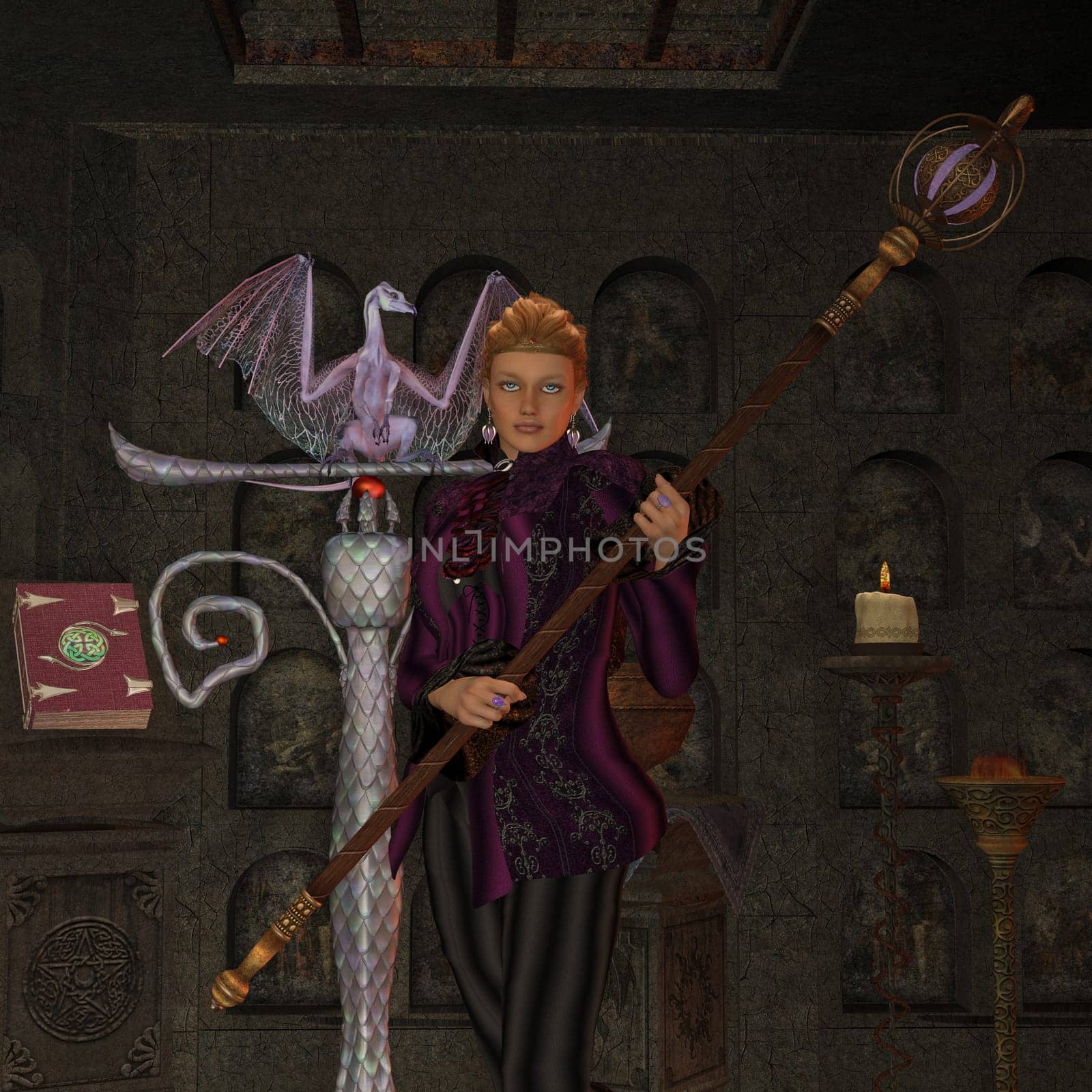 A miniature dragon keeps company with a witch and her magic spell book.