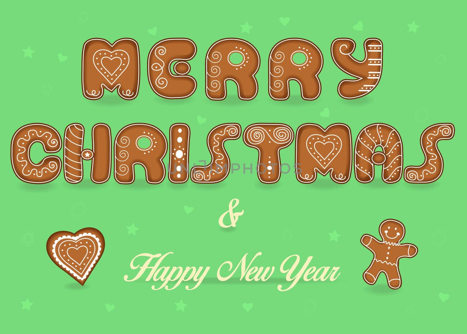 Festive Inscription with Gingerbread letters. Merry Christmas. Happy New Year. Heart and gingerbread man. Unusual artistic font with white decor.  Illustration.