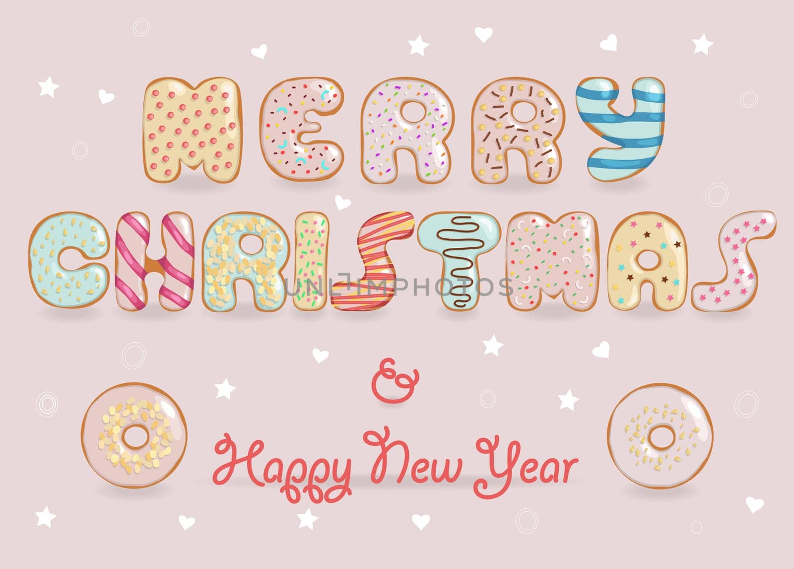 Festive Inscription with white chocolate donuts letters. Merry Christmas. Happy New Year. Unusual sweet artistic font.  Illustration.