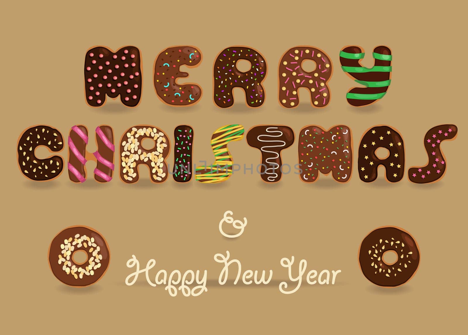 Festive Inscription with chocolate donuts letters. Merry Christmas. Happy New Year. Unusual sweet artistic font.  Illustration.