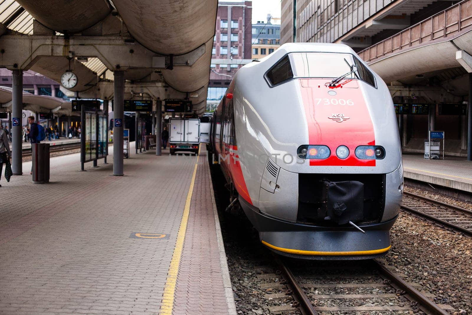 Oslo, Norway - June 06, 2017: Front part of Norwegian high speed train in central station