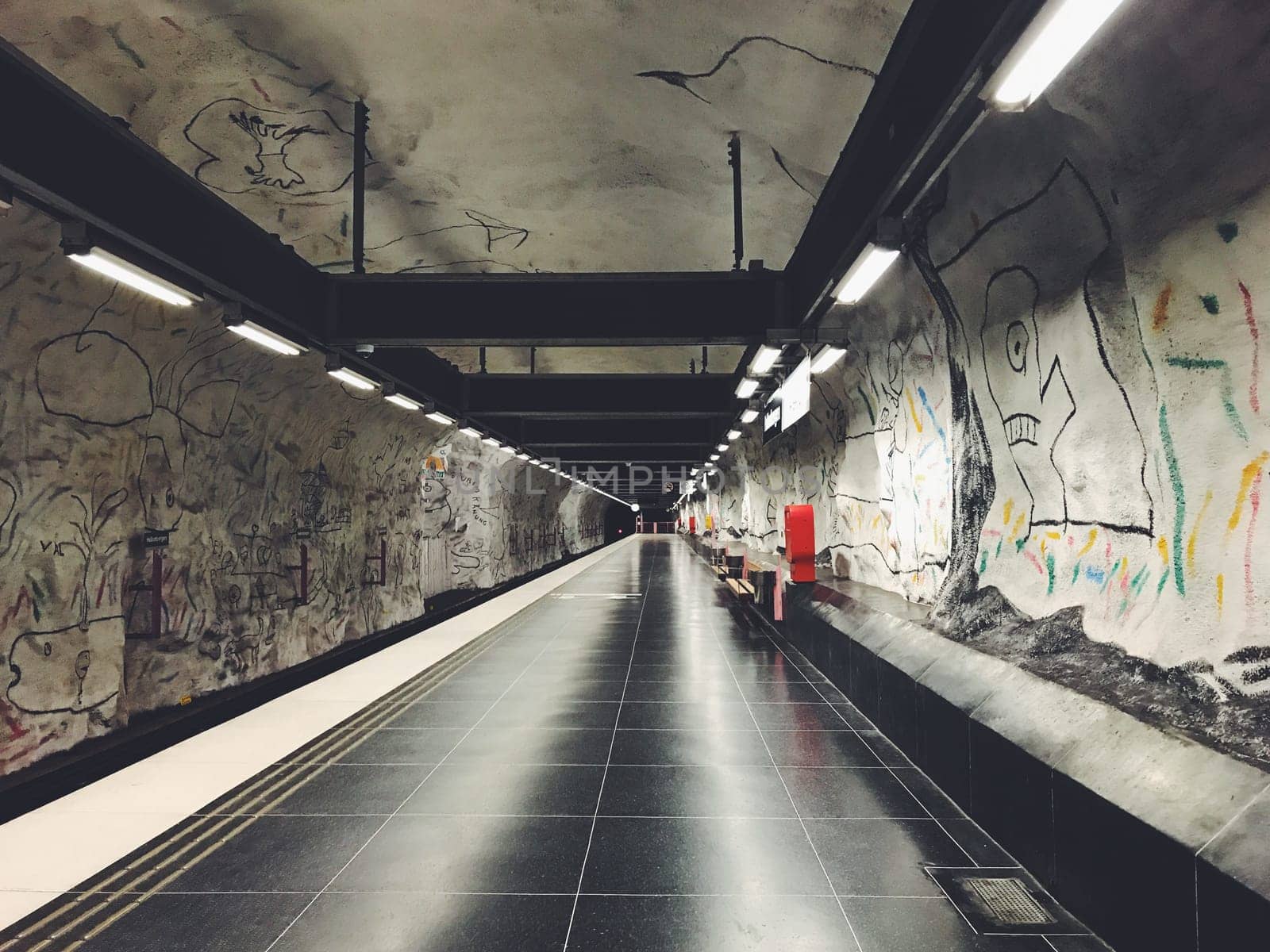 STOCKHOLM, SWEDEN - JUNE 10, 2017: Hallonbergen tunnelbanestation Underground. Station on blue line of the metro with kids paintings, doodles, characters
