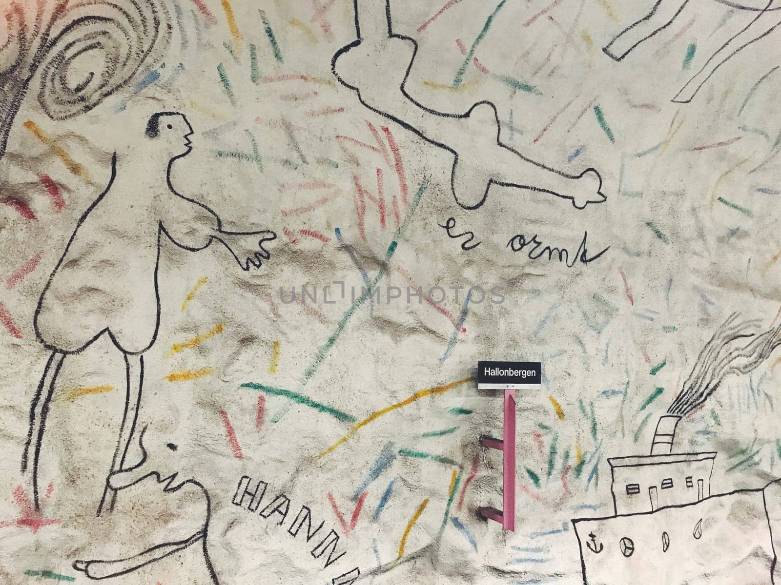 STOCKHOLM, SWEDEN - JUNE 10, 2017: Hallonbergen tunnelbanestation Underground. Station on blue line of the metro with kids paintings, doodles, characters