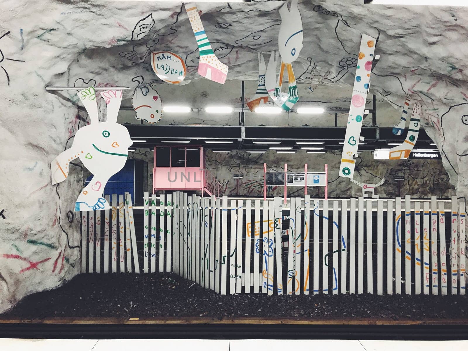 STOCKHOLM, SWEDEN - JUNE 10, 2017: Hallonbergen tunnelbanestation Underground. Station on blue line of the metro with kids paintings, doodles, characters