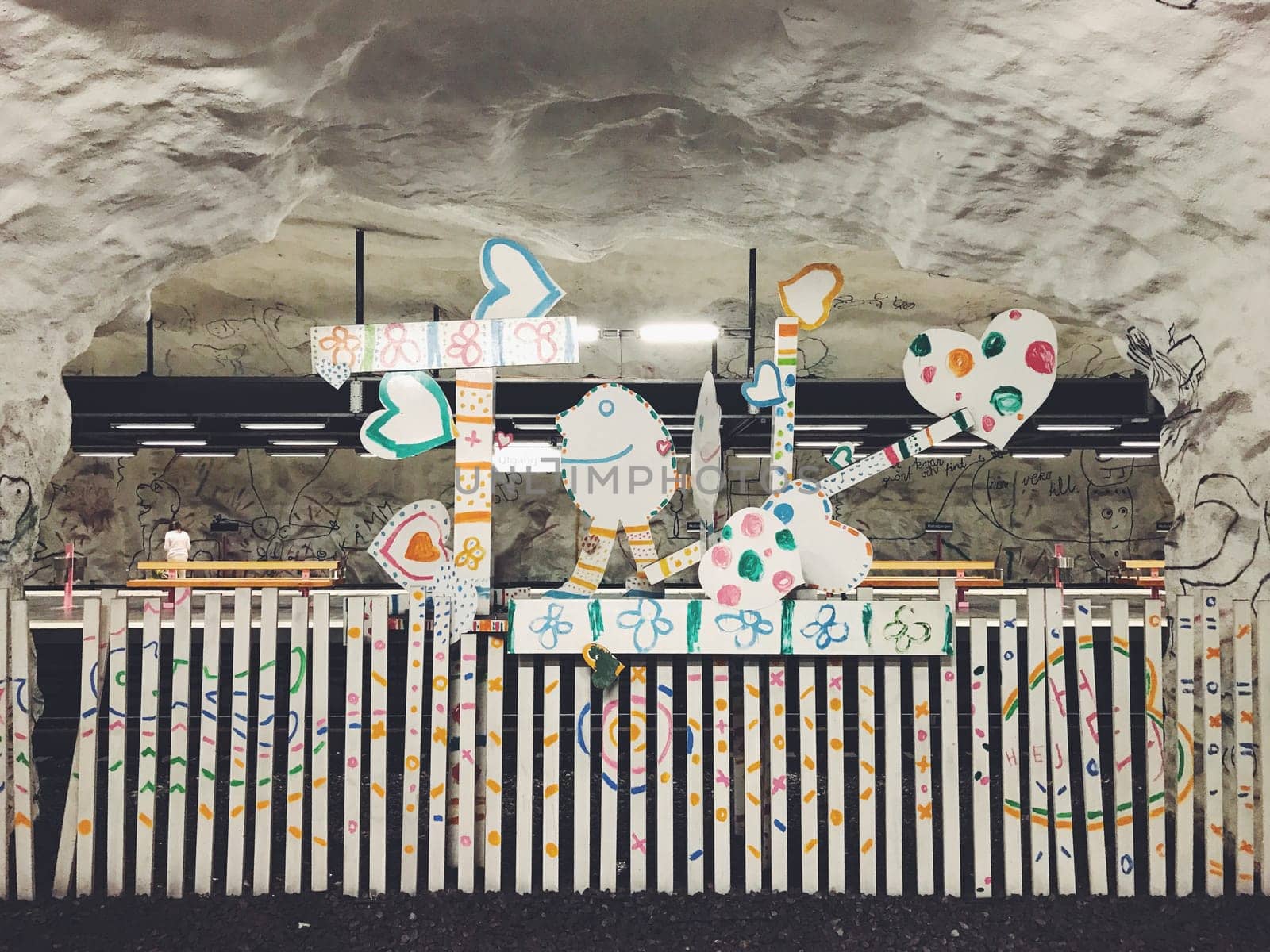 STOCKHOLM, SWEDEN - JUNE 10, 2017: Hallonbergen tunnelbanestation Underground. Station on blue line of the metro with kids paintings, doodles, characters
