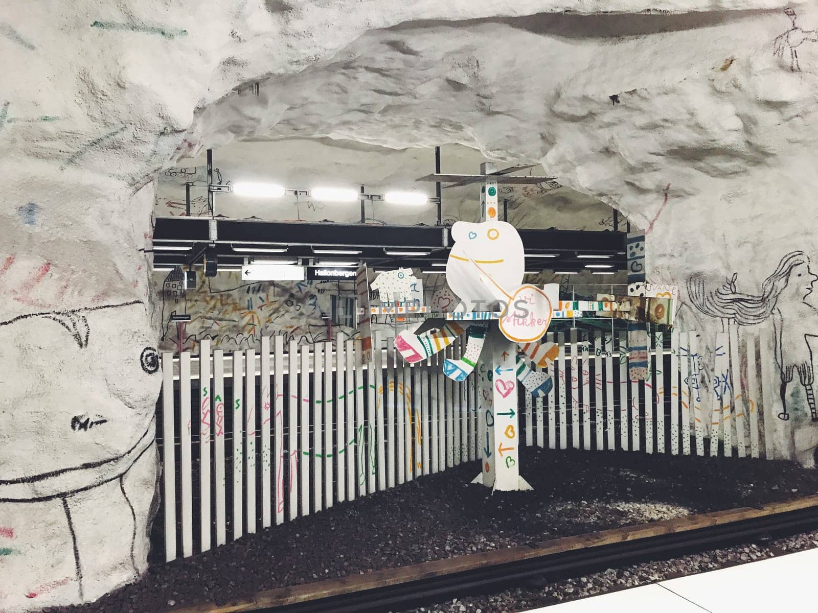 STOCKHOLM, SWEDEN - JUNE 10, 2017: Hallonbergen tunnelbanestation Underground. Station on blue line of the metro with kids paintings, doodles, characters