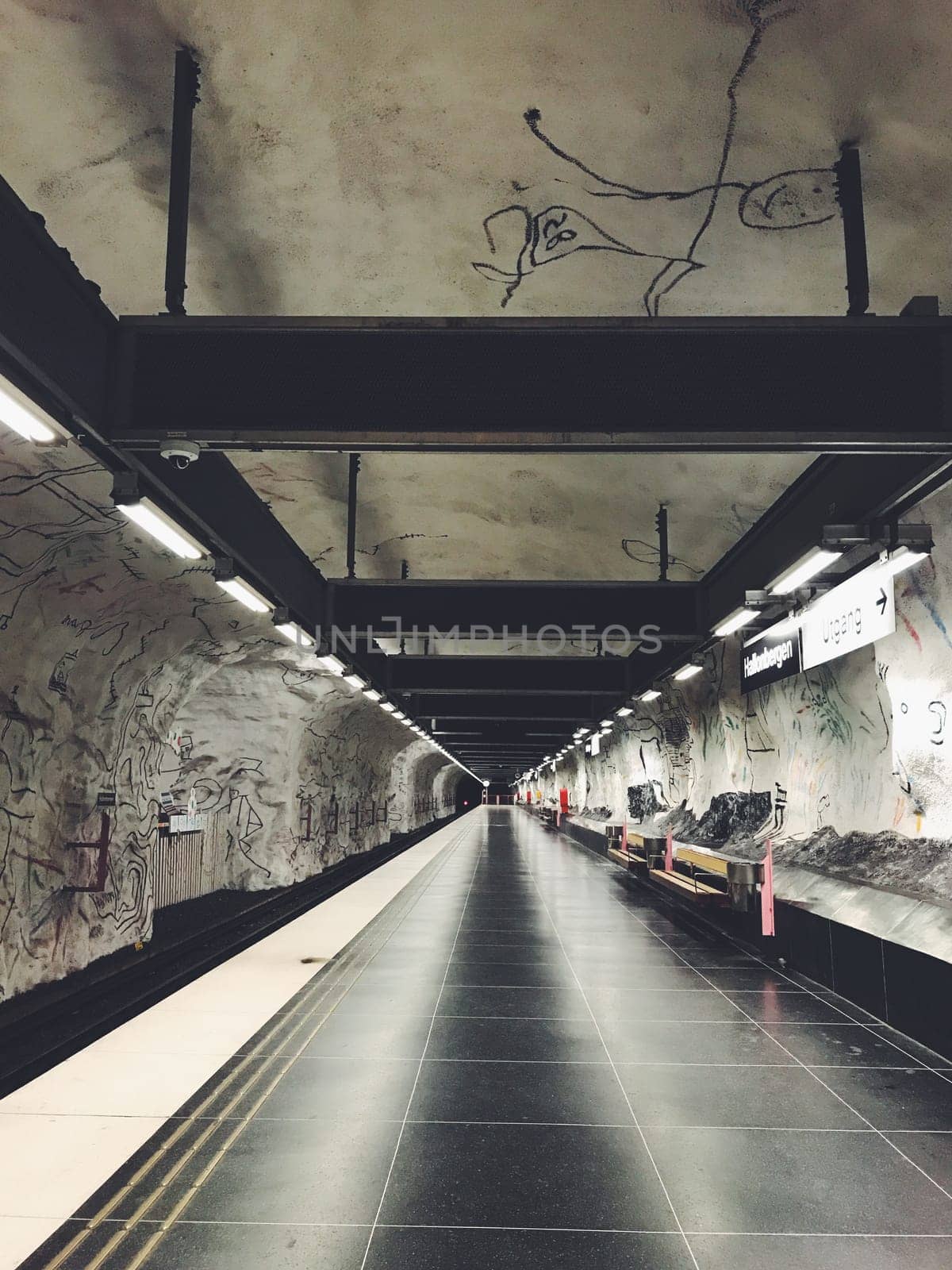 STOCKHOLM, SWEDEN - JUNE 10, 2017: Hallonbergen tunnelbanestation Underground. Station on blue line of the metro with kids paintings, doodles, characters