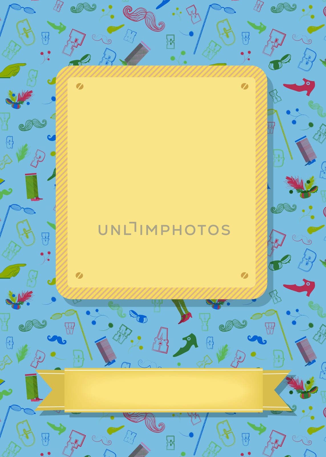 Vintage greeting card. Retro colorful items - boots, mustaches and others. Yellow banners for custom text. Blue background