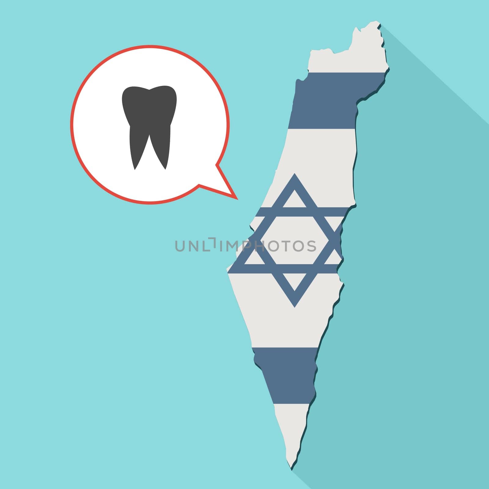 Animation of a long shadow Israel map with its flag and a comic balloon with a tooth.