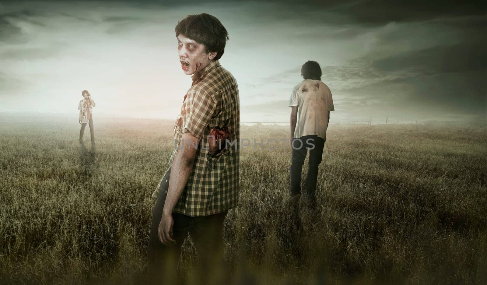 Group of asian scary zombies standing on dry grass field with dramatic sky background