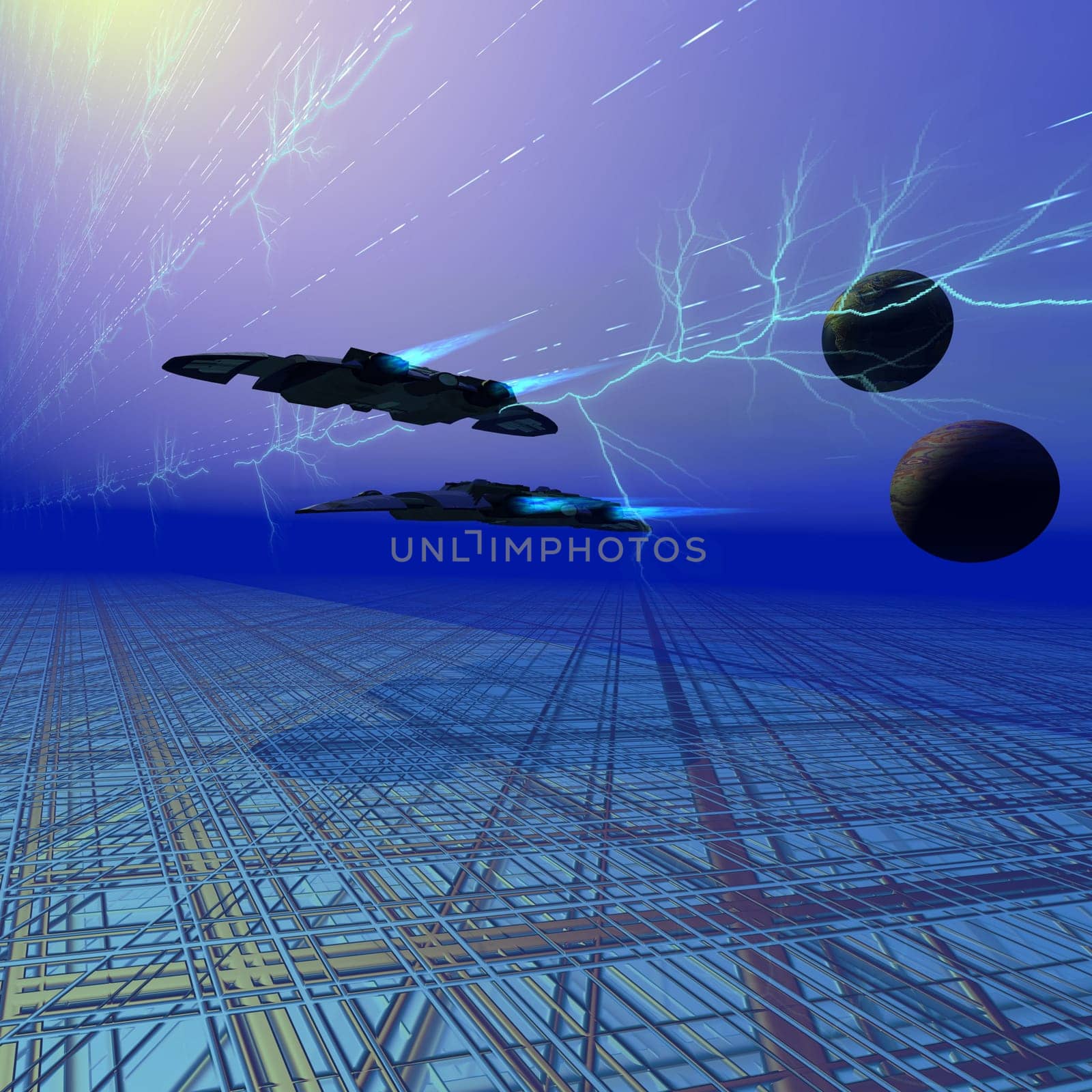 Two flying saucers fly along a grid system on their approach to landing.