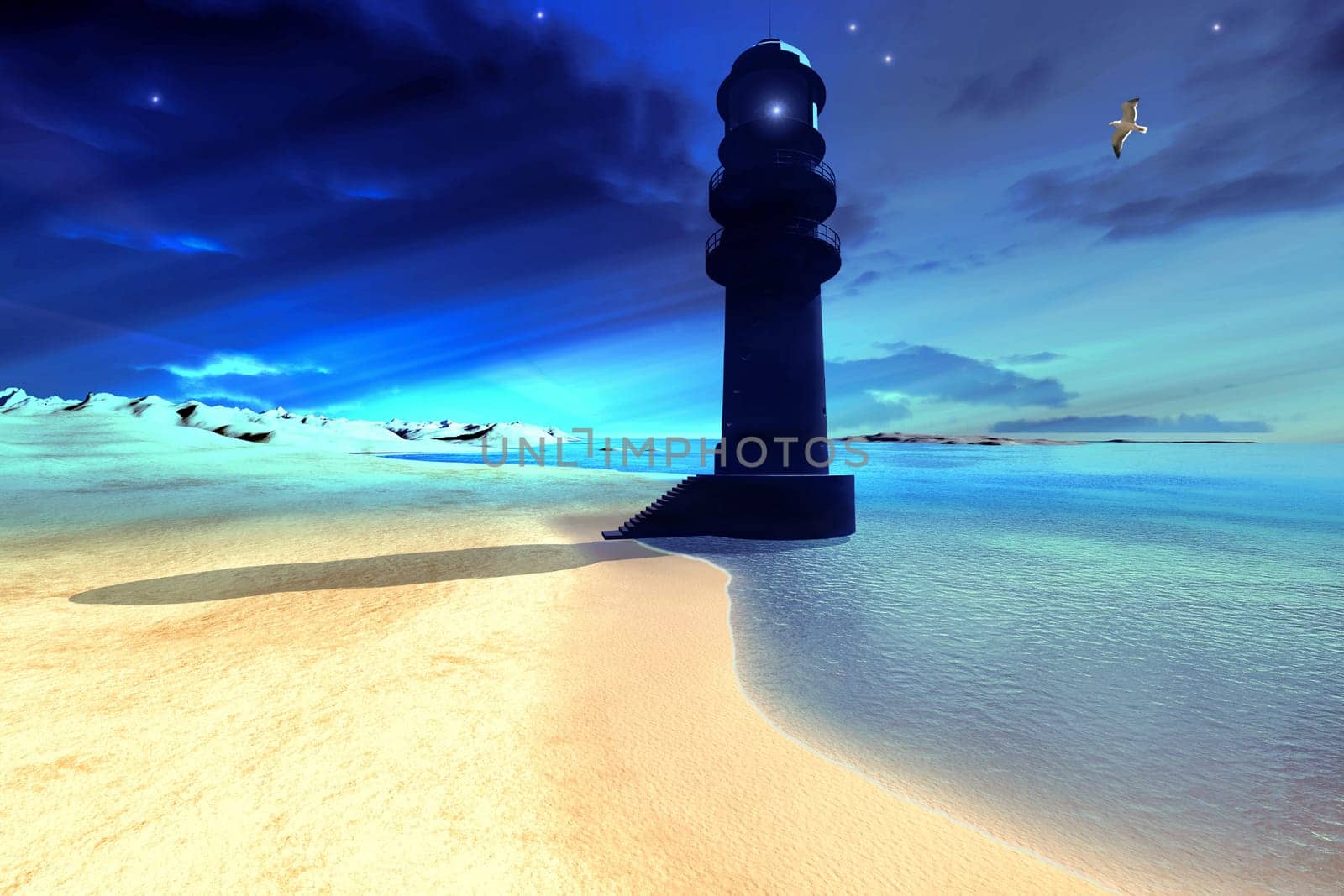 A seagull flies near a lighthouse as twilight comes on and the night stars come out.