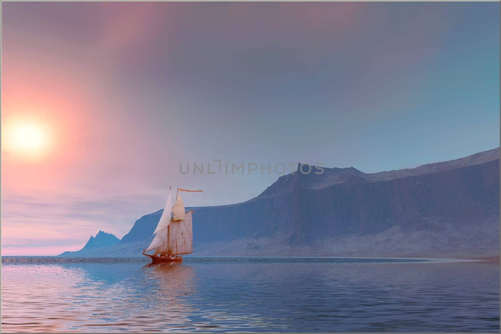 A clipper ship sails past a shoreline mountain on a calm day on the ocean.