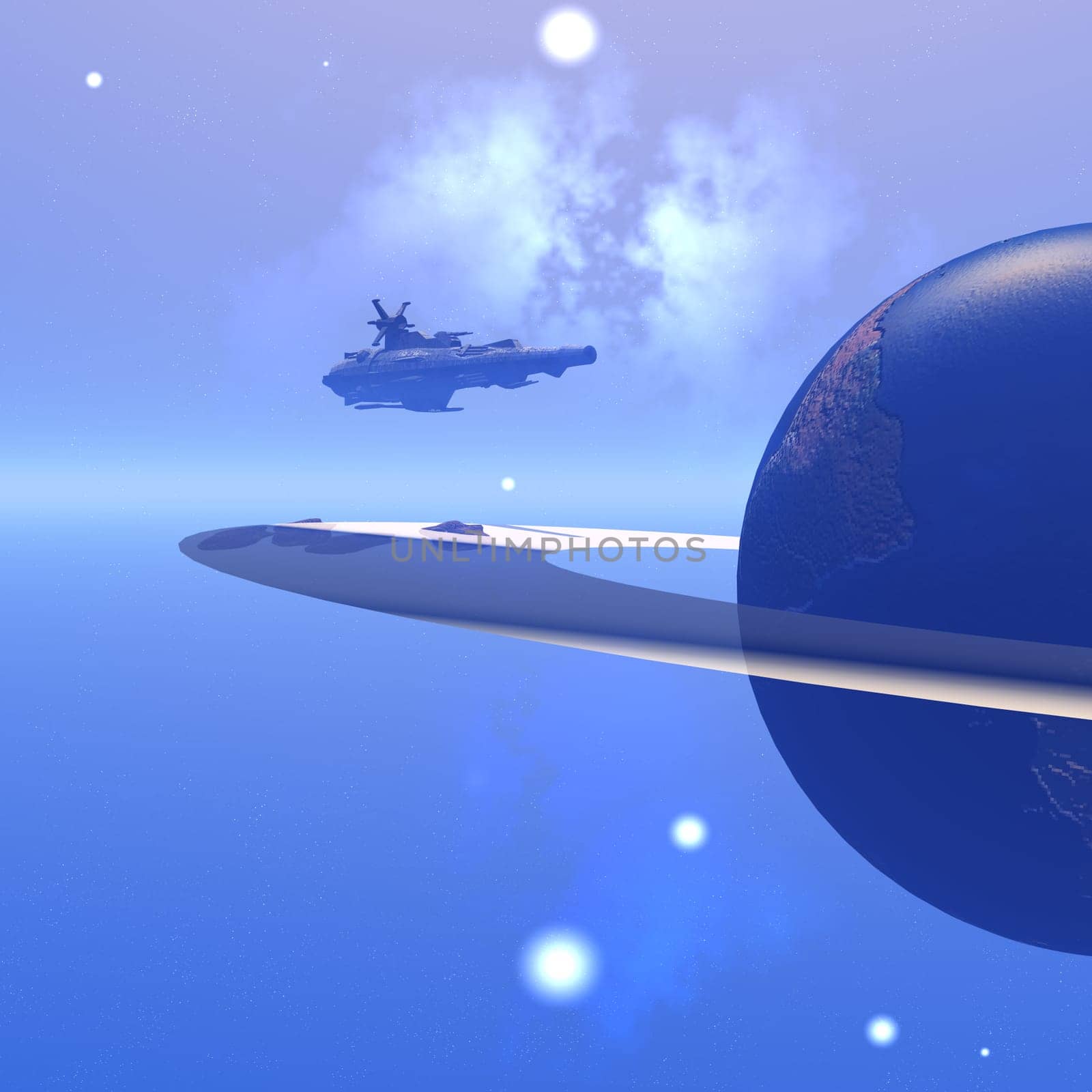 An alien battleship stays in orbit over a planet and its rings.