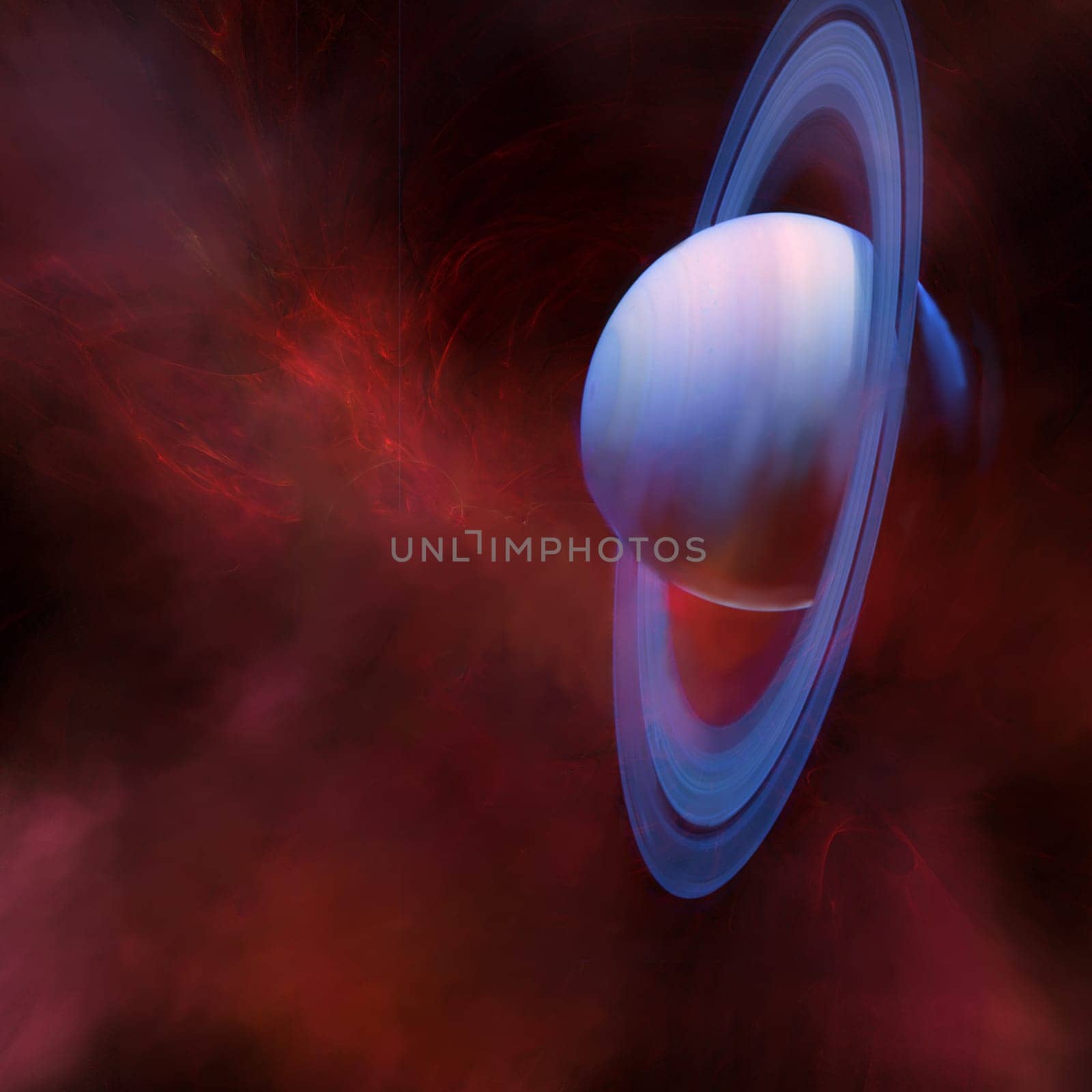 A fantasy image of the planet of Saturn in a fire red background.