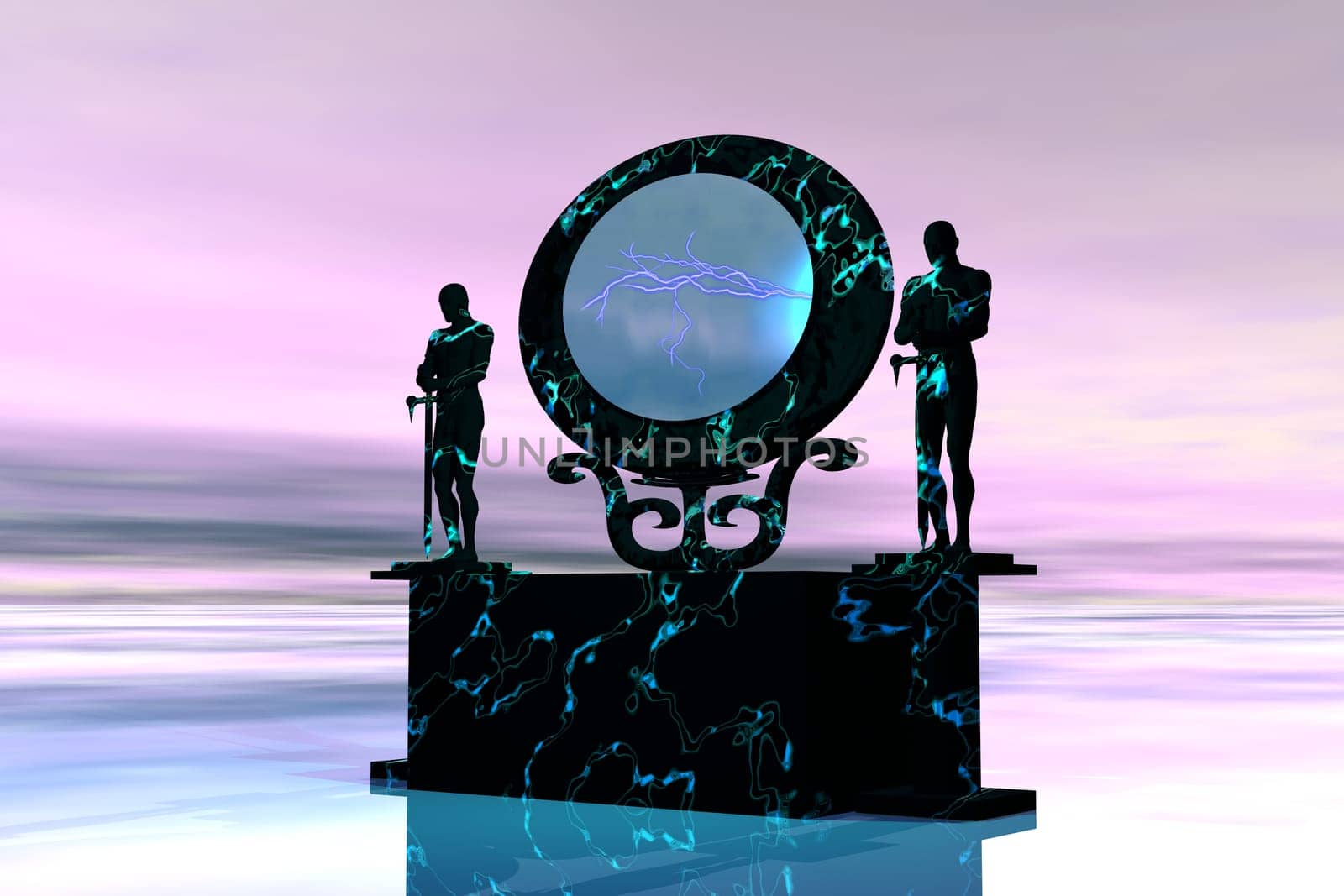 Two statues guard the portal entrance to another world.