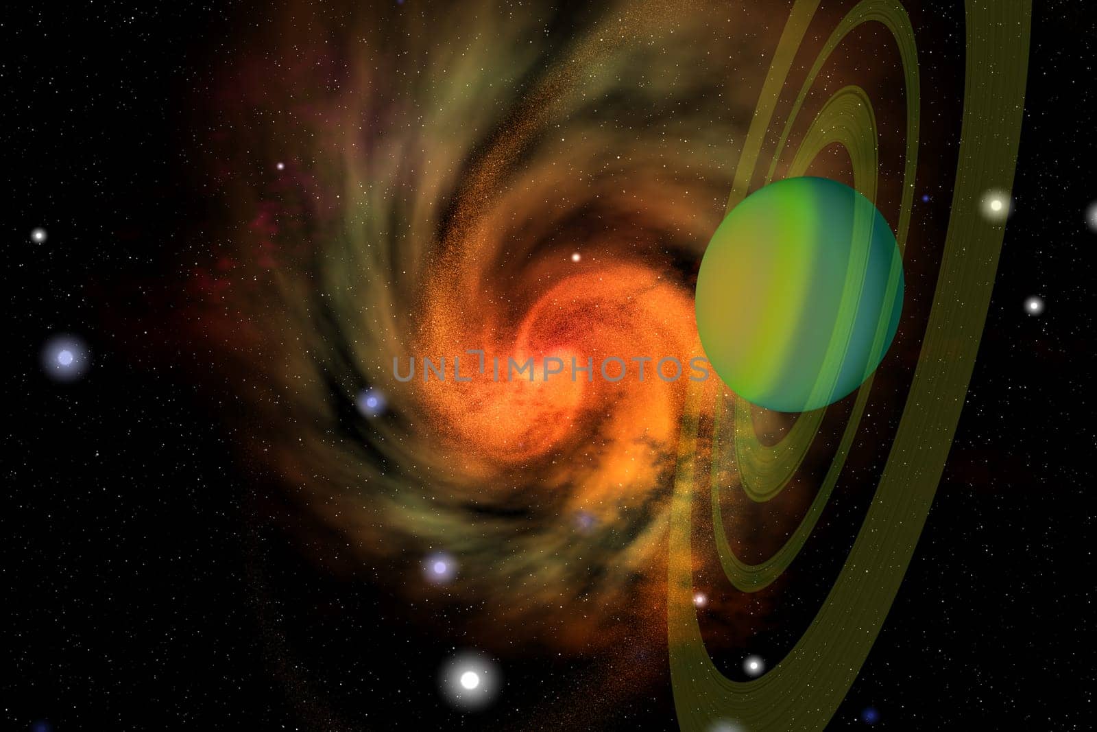 A gas giant ringed planet orbits near a spiral galaxy.