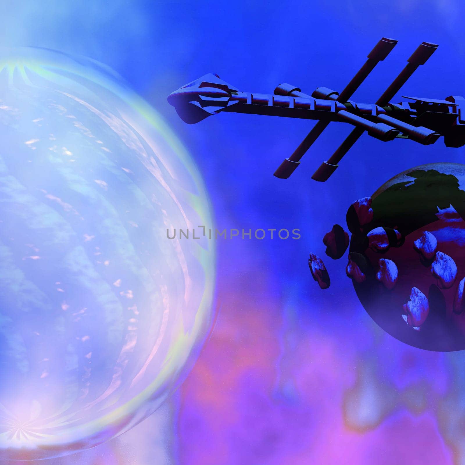 A spaceship flies past a small moon with several asteroids orbiting its mass.