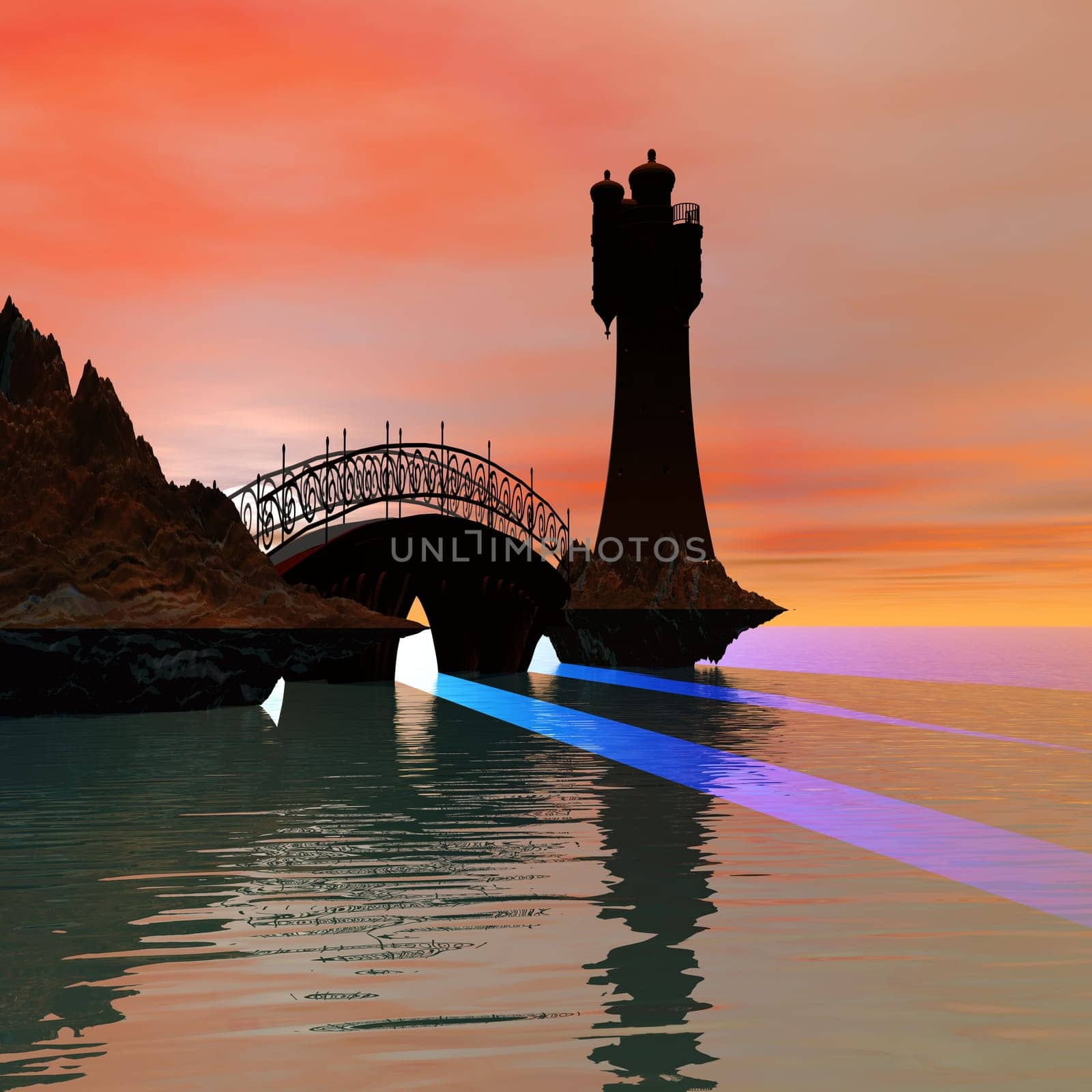 Sunrays shine through a bridge that leads to an offshore lighthouse.
