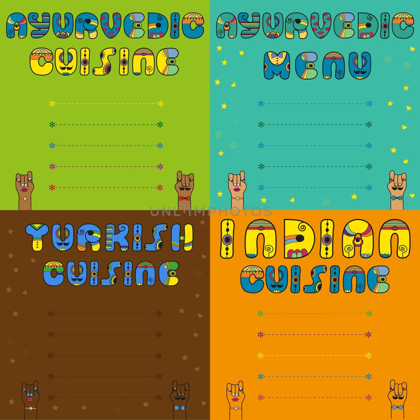 Set of inscriptions for menu. Ayurvedic, Indian, Turcish menu and cuisine. Unusual artistic font. Place for custom text. Cartoon hands looking at each other. Illustration.