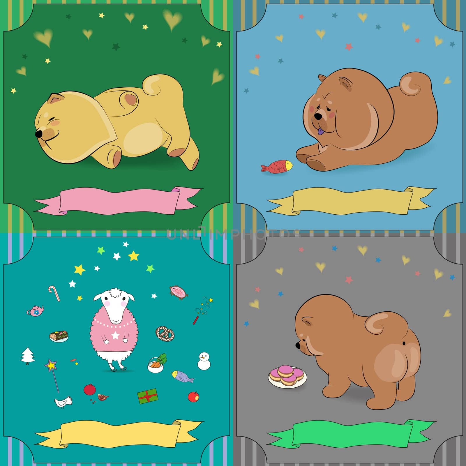 Set of vintage greeting cards with cartoon animals. Pets chow-chow. White sheep.Banners for custom text. illustration