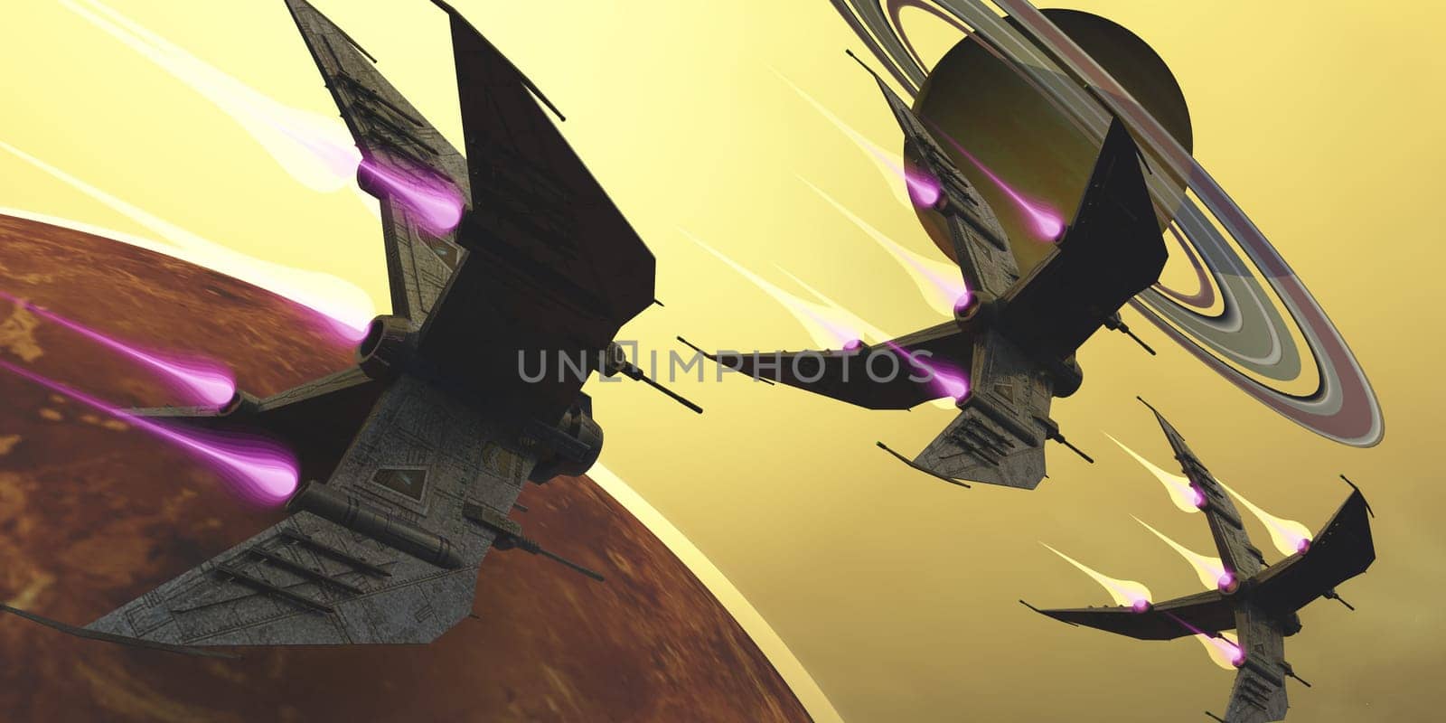 Three spacecraft pass by one of Saturn's moons on their journey through the Solar System.