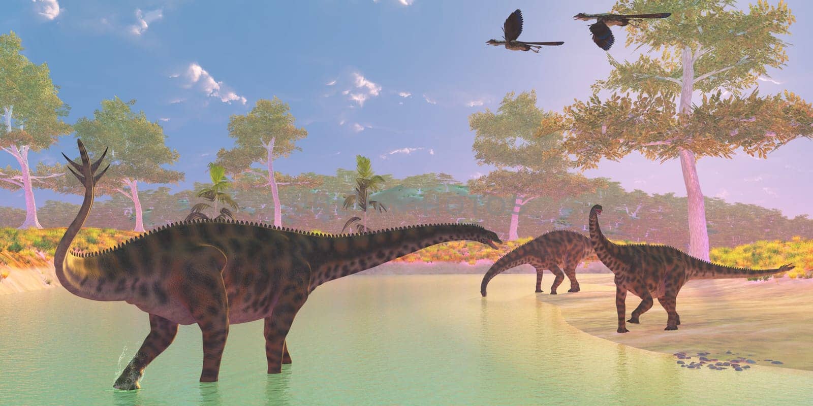 Two Archaeopteryx birds fly over a herd of Spinophorosaurus dinosaurs drinking at a river.