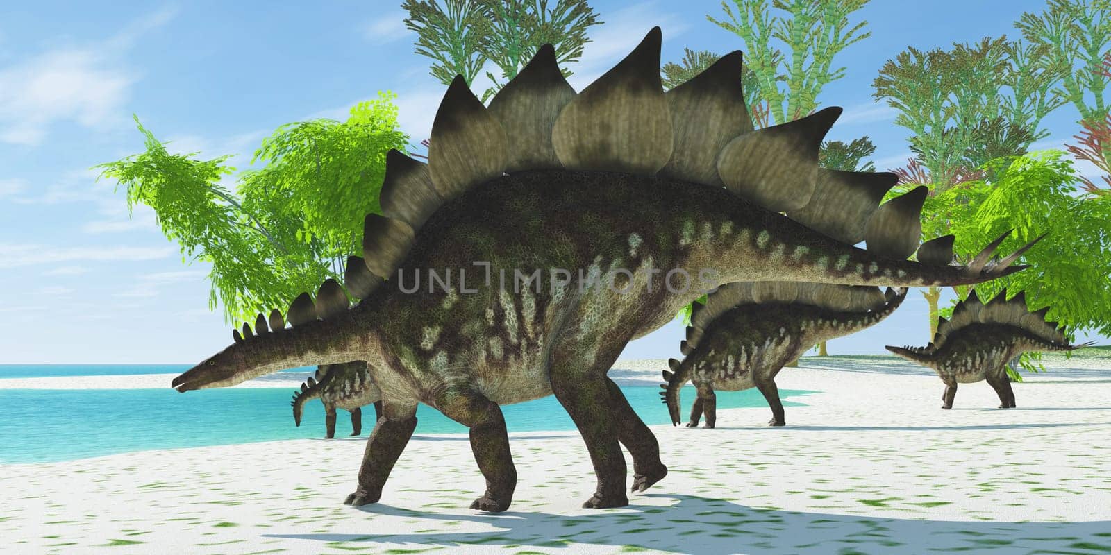 A herd of Stegosaurus dinosaurs head down to a lake for a drink in the Jurassic Age.