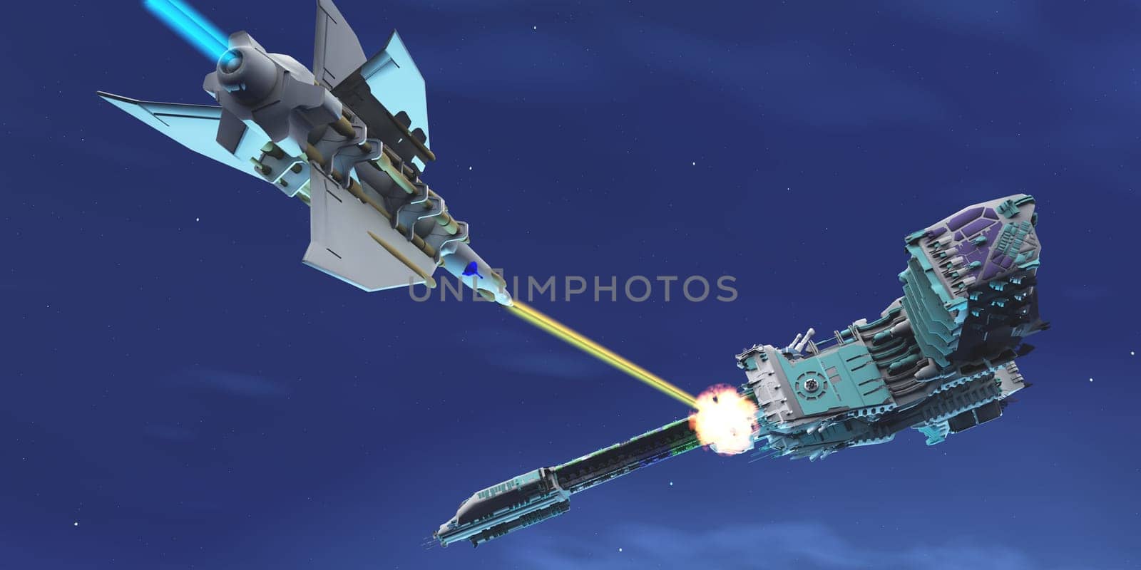 A battle ensues as a fighter spacecraft blasts a large enemy battleship with a laser beam.