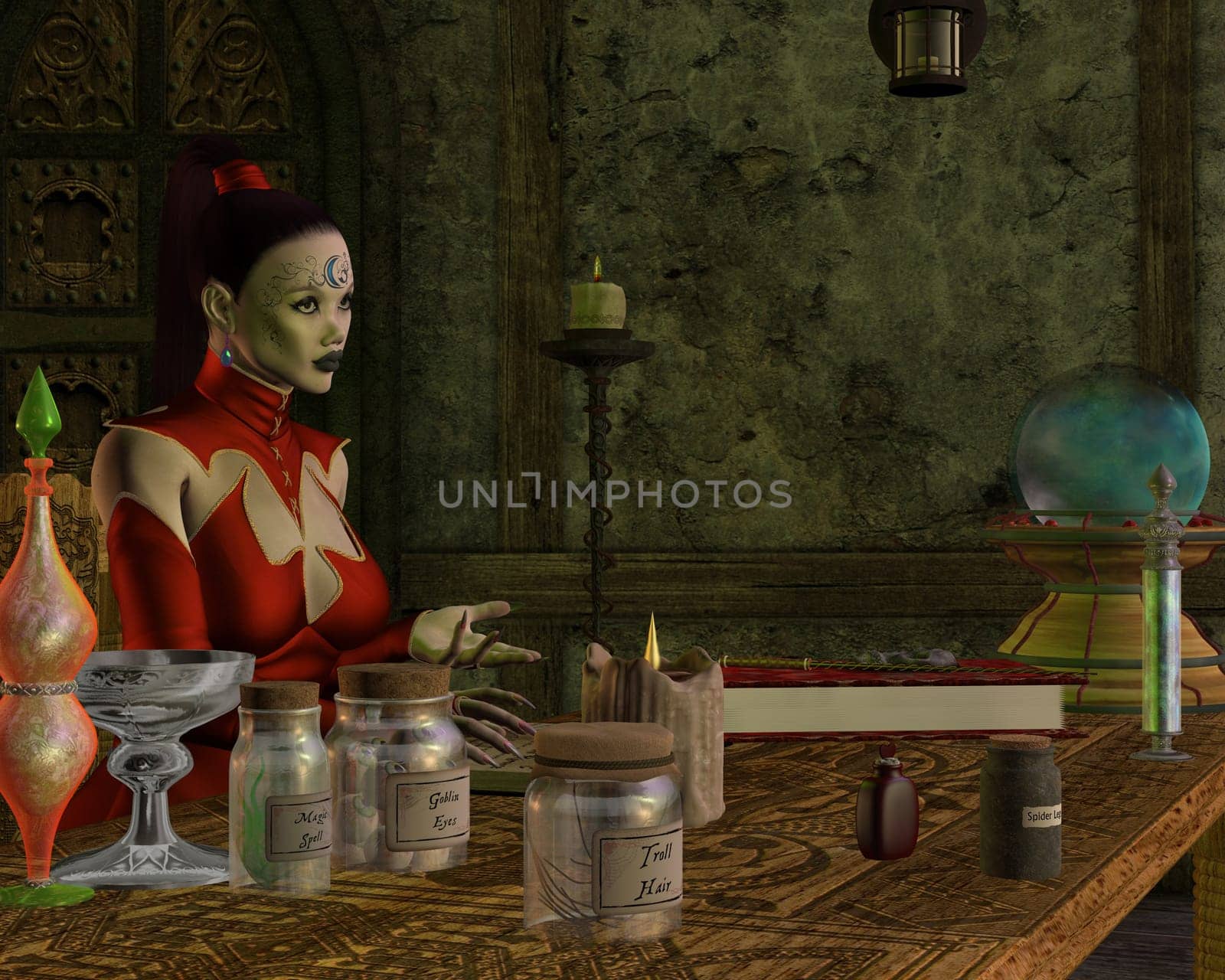 A witch teaches her students about potions from her magic spell book.