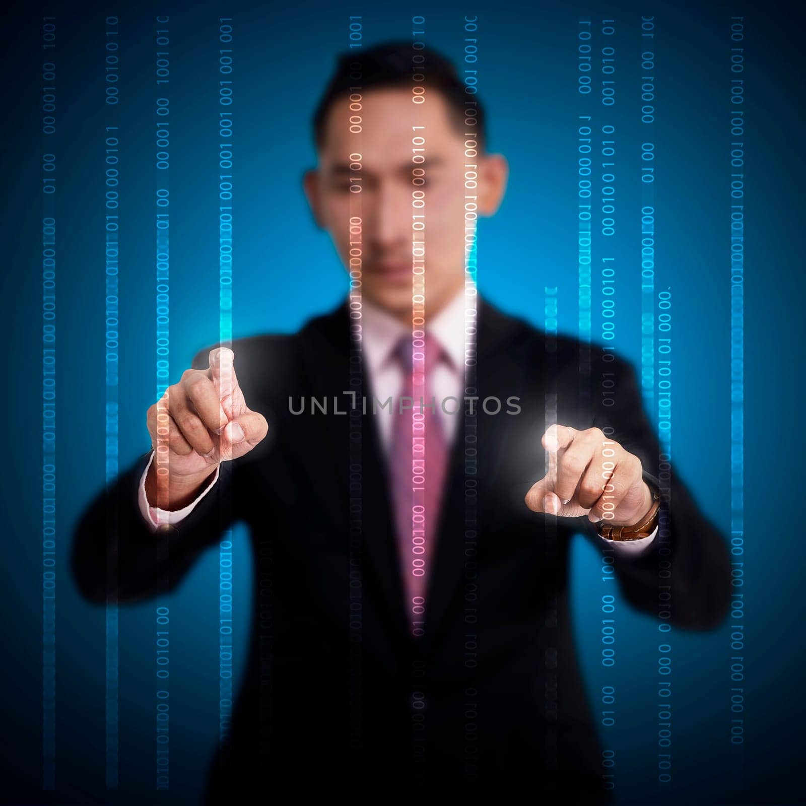 Business man touch binary code on virtual screen