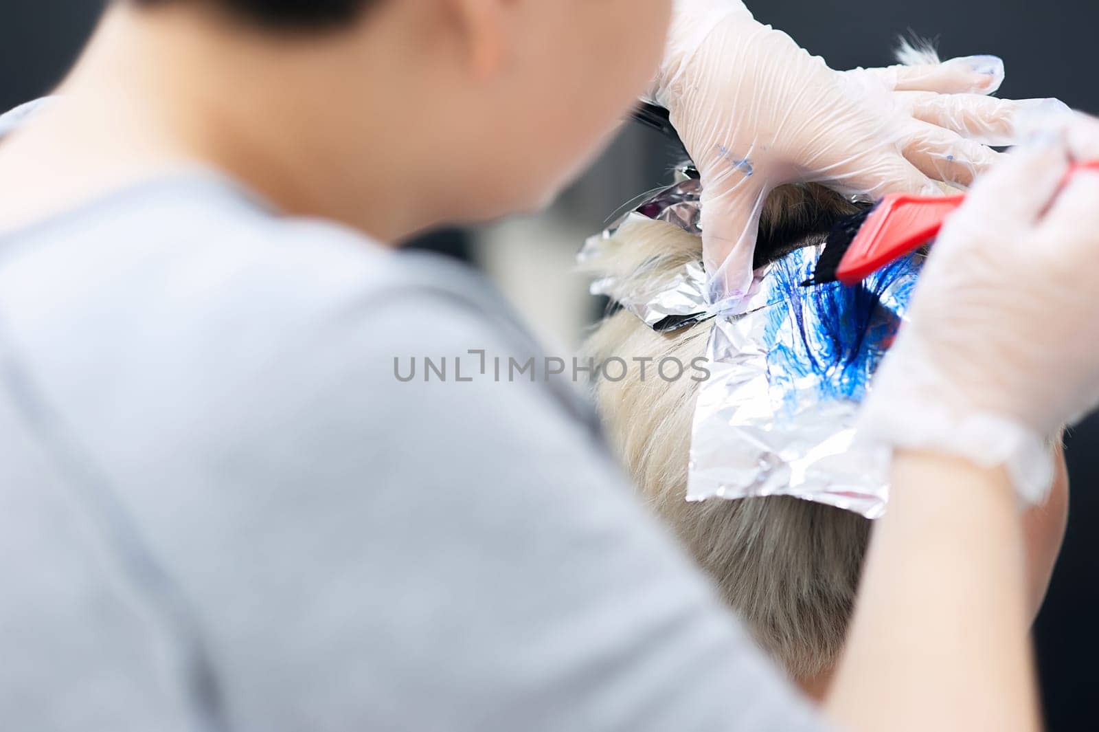 Women's haircut. Hairdresser, beauty salon. Professional hairdresser making stylish haircut. Hairdresser cutting woman bangs hair. Process of hair cutting with use scissors