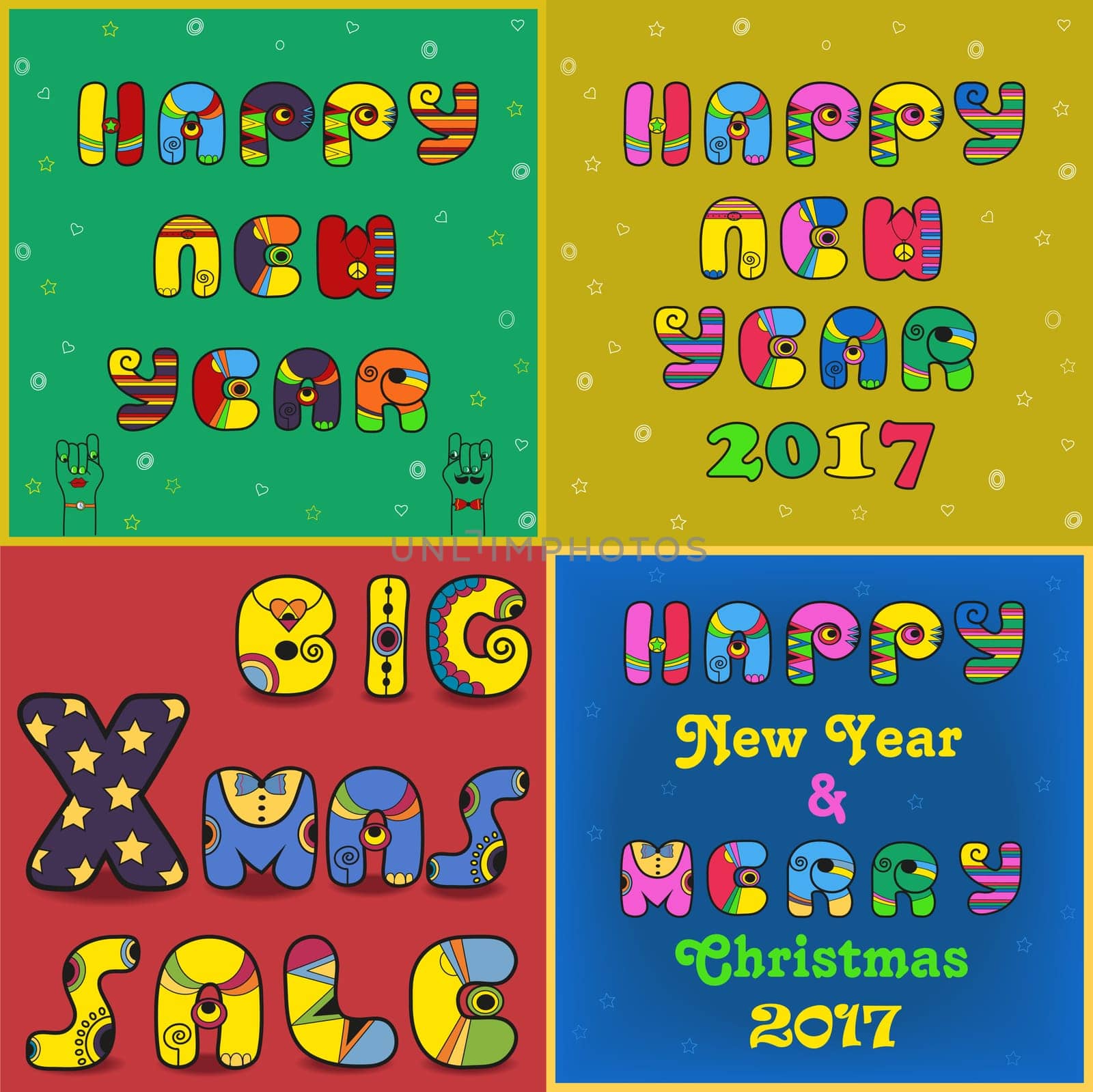 Vintage christmas and new year cards with texts by artistic font. Happy New Year. 2017. Merry Christmas. Big Xmas sale