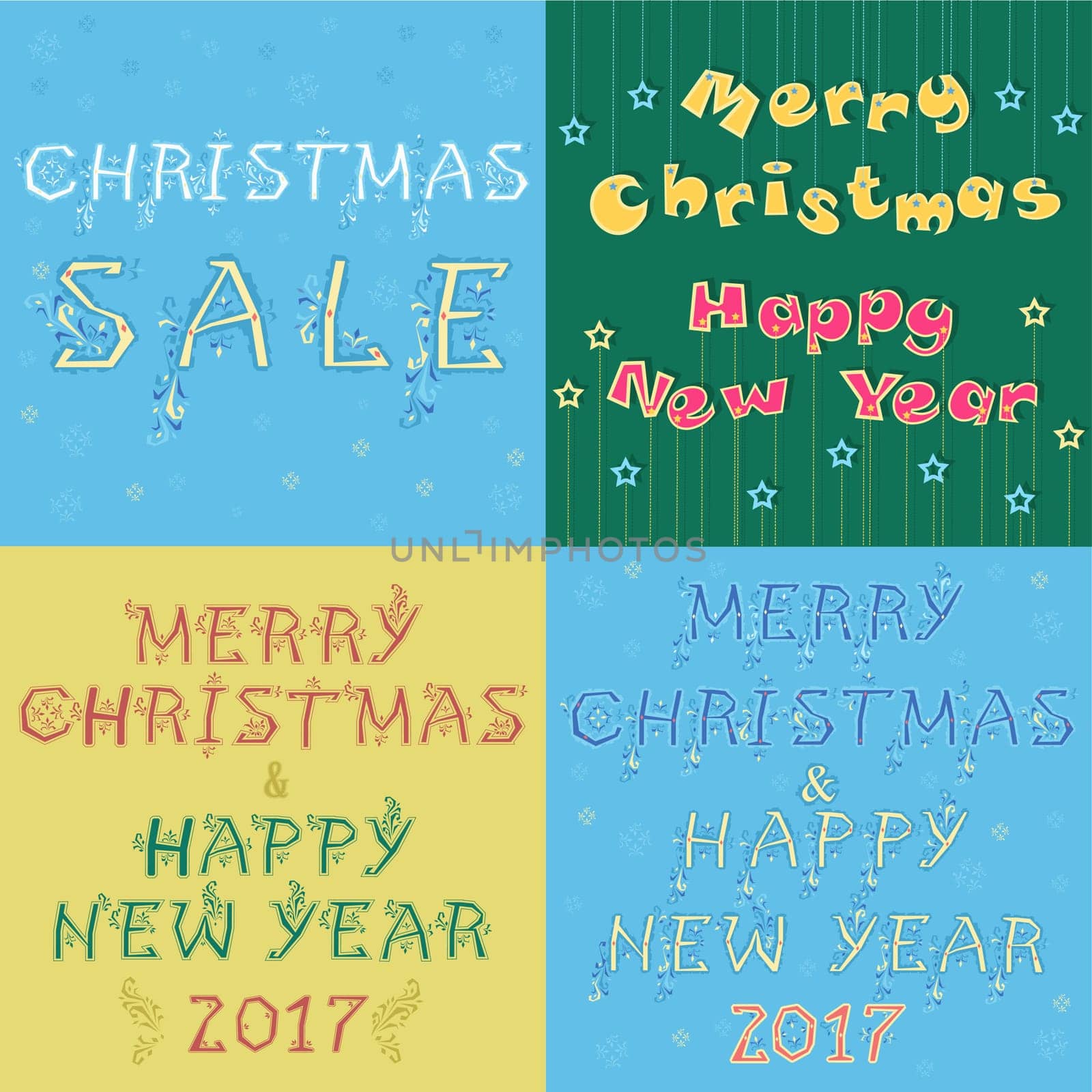 Christmas and New year cards with texts by artistic font. Merry Christmas. Happy New Year 2017. Christmas sale