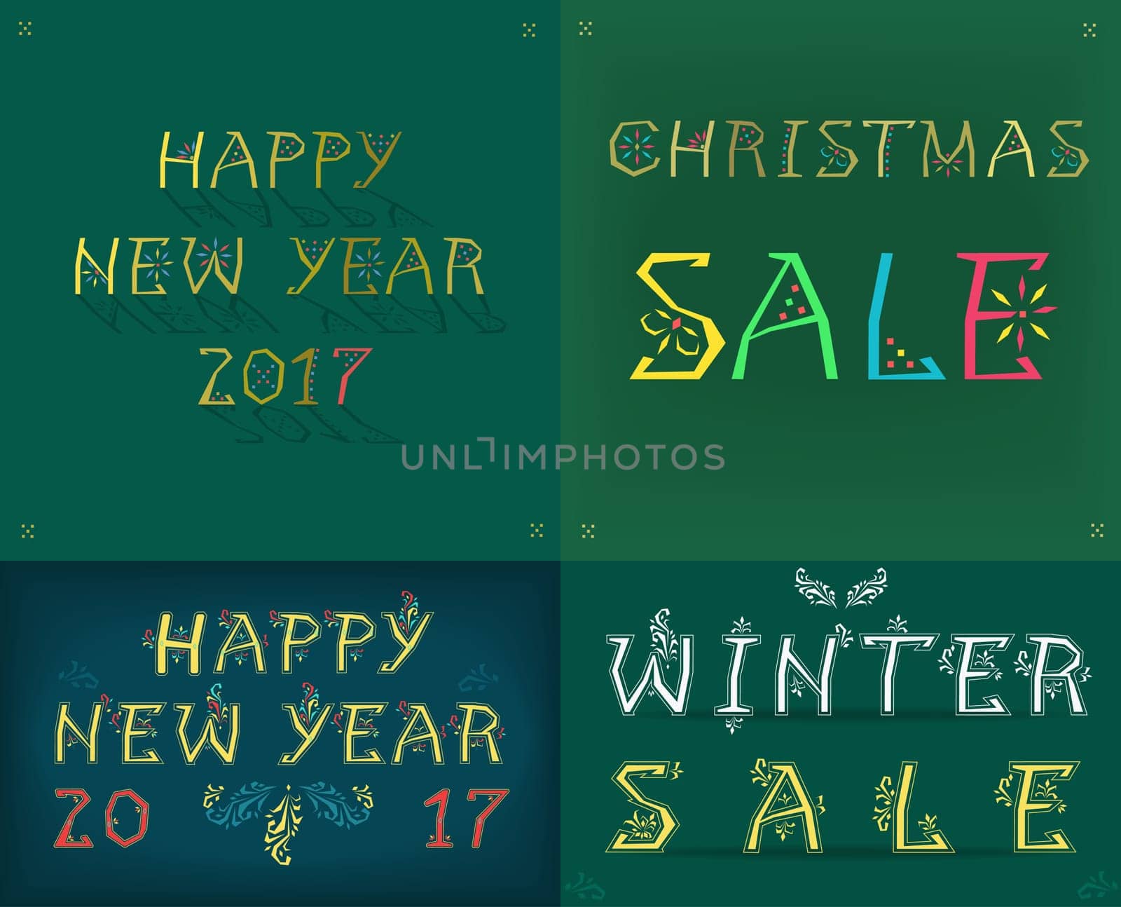 Christmas greeting vintage cards. Texts by artistic fonts - Happy New Year 20167. Christmas sale. Winter sale