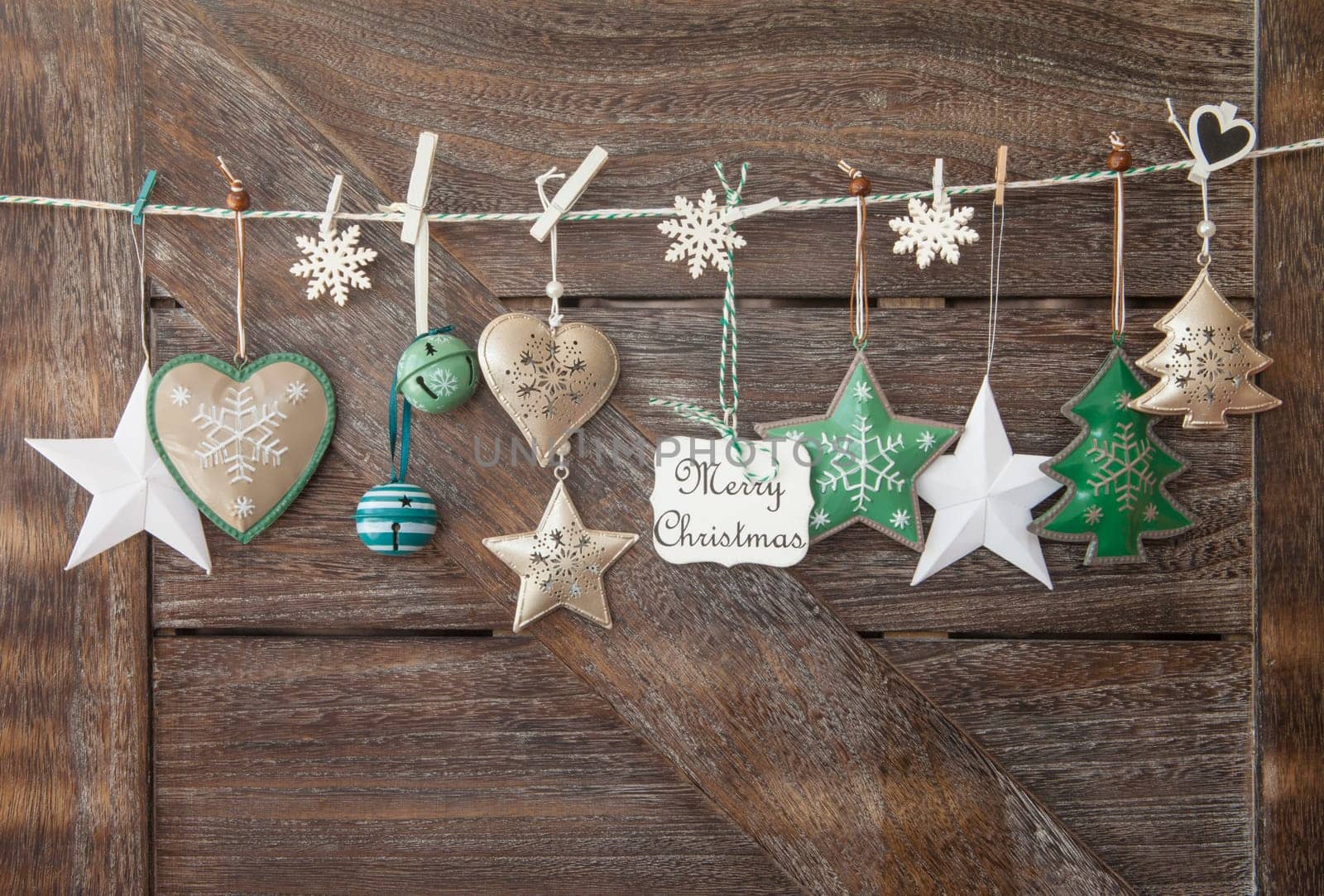 Festive Christmas decorations against a background of wood