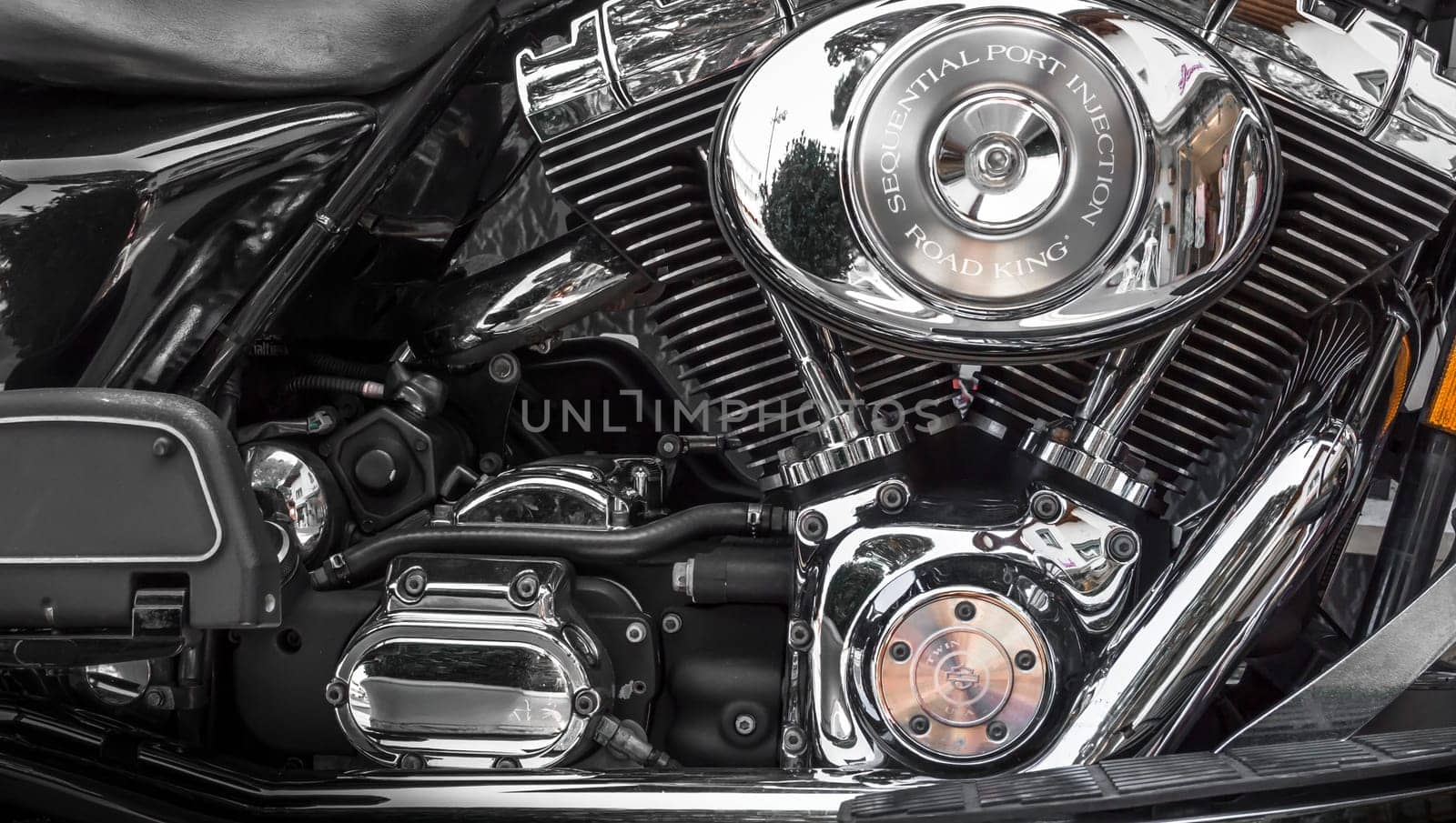 Jesolo (VE), ITALY - July 29, 2017: Motorcycle Harley Davidson. Motorcycle tank and engine's details.