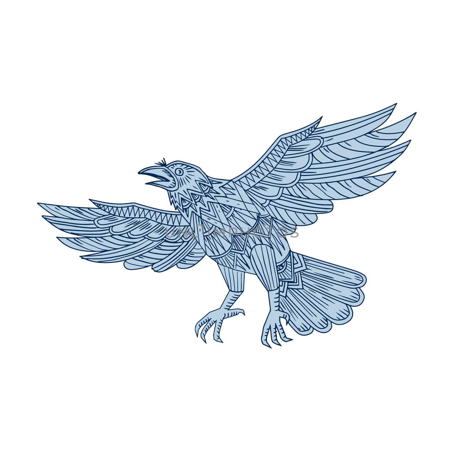 Mandala style illustration of a Crow, raven or blackbird  Flying  viewed from side on isolated background.