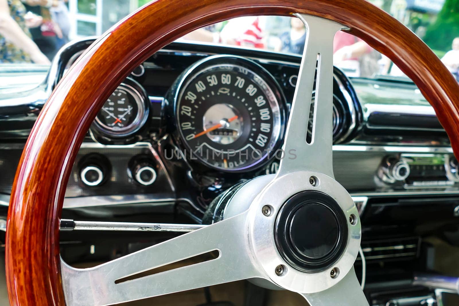 BAD NAUHEIM,GERMANY AUGUST 2017: Steering wheel of a restored convertible. 16 th European Elvis Festival in Bad Nauheim,Hesse
