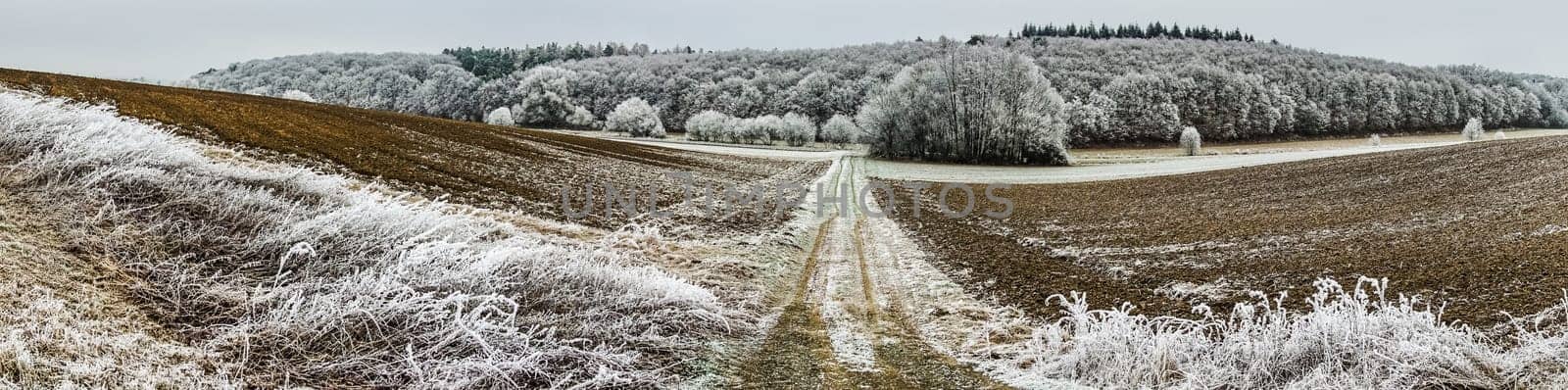 Beautiful panoramic picture of a landscape shot in winter in Central Hesse,Germany