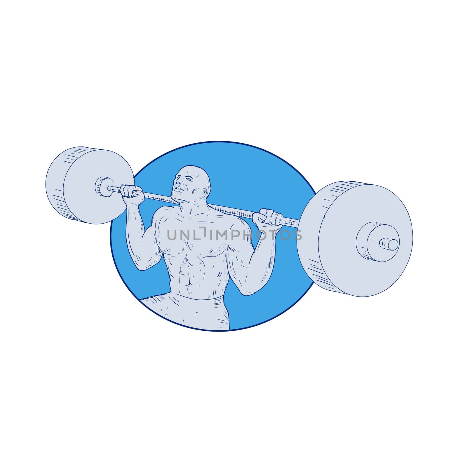 Drawing sketch style illustration of a Strongman weightlfter lifting Powerlifting Barbell set inside circle on isolated background.