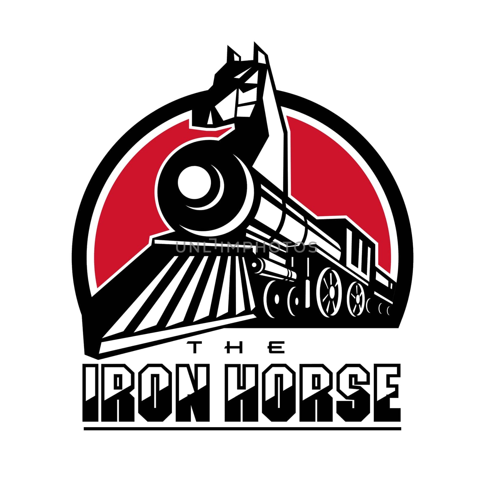 Retro style illustration of the Iron Horse showing head of horse on steam train locomotive with text set inside circle.