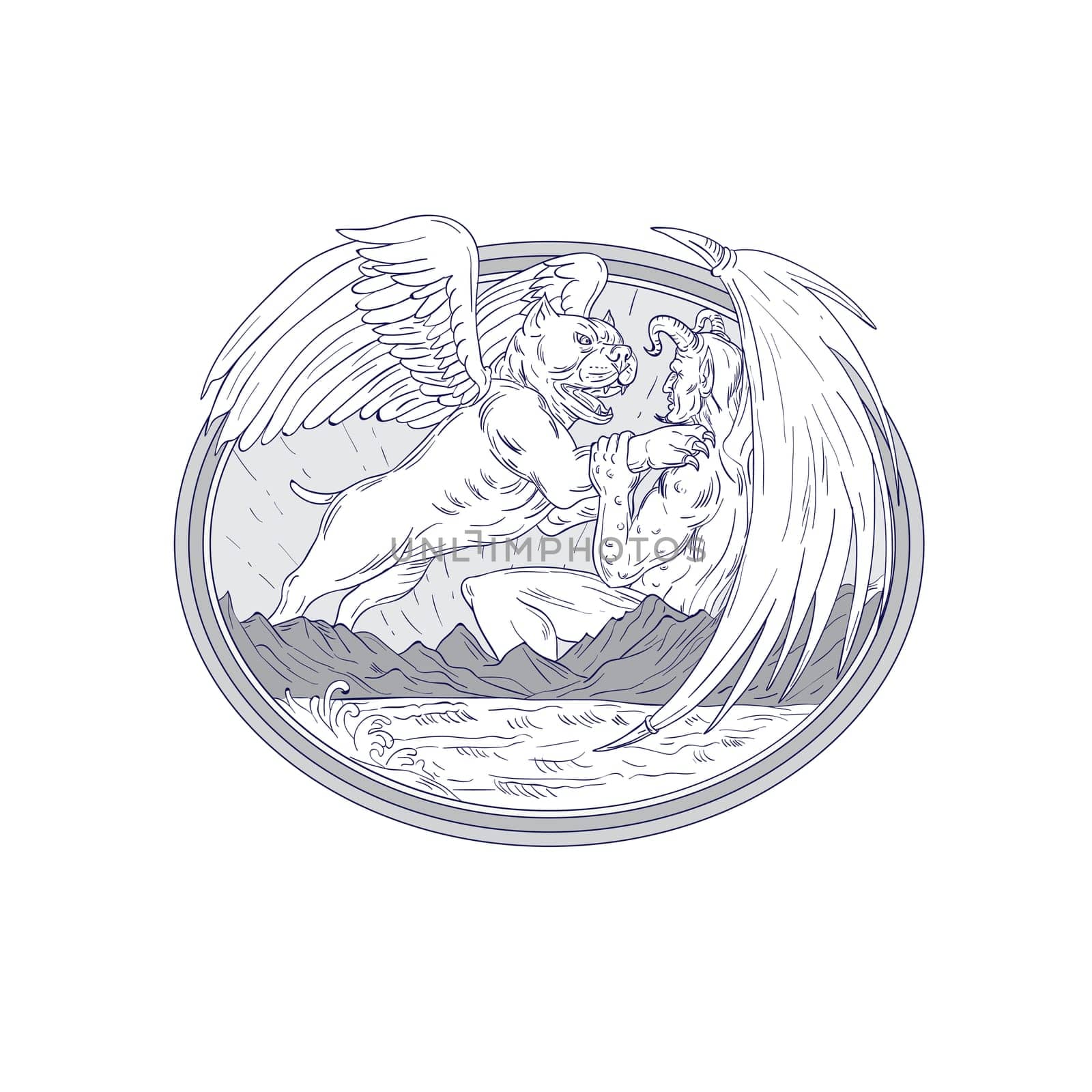 Drawing sketch style illustration of an American Bully Dog  with angel wing Fighting Demon with mountains and sea set inside oval shape on isolated background.