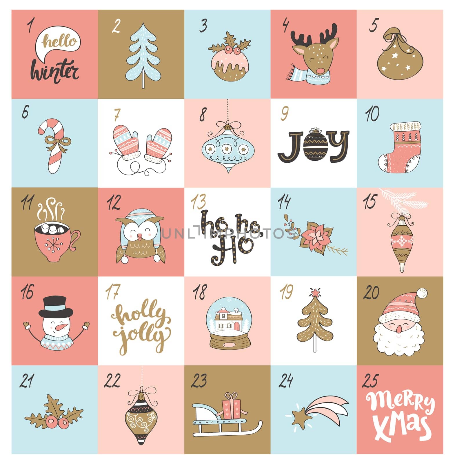 Christmas advent calendar with different christmas symbols. Vector illustration.