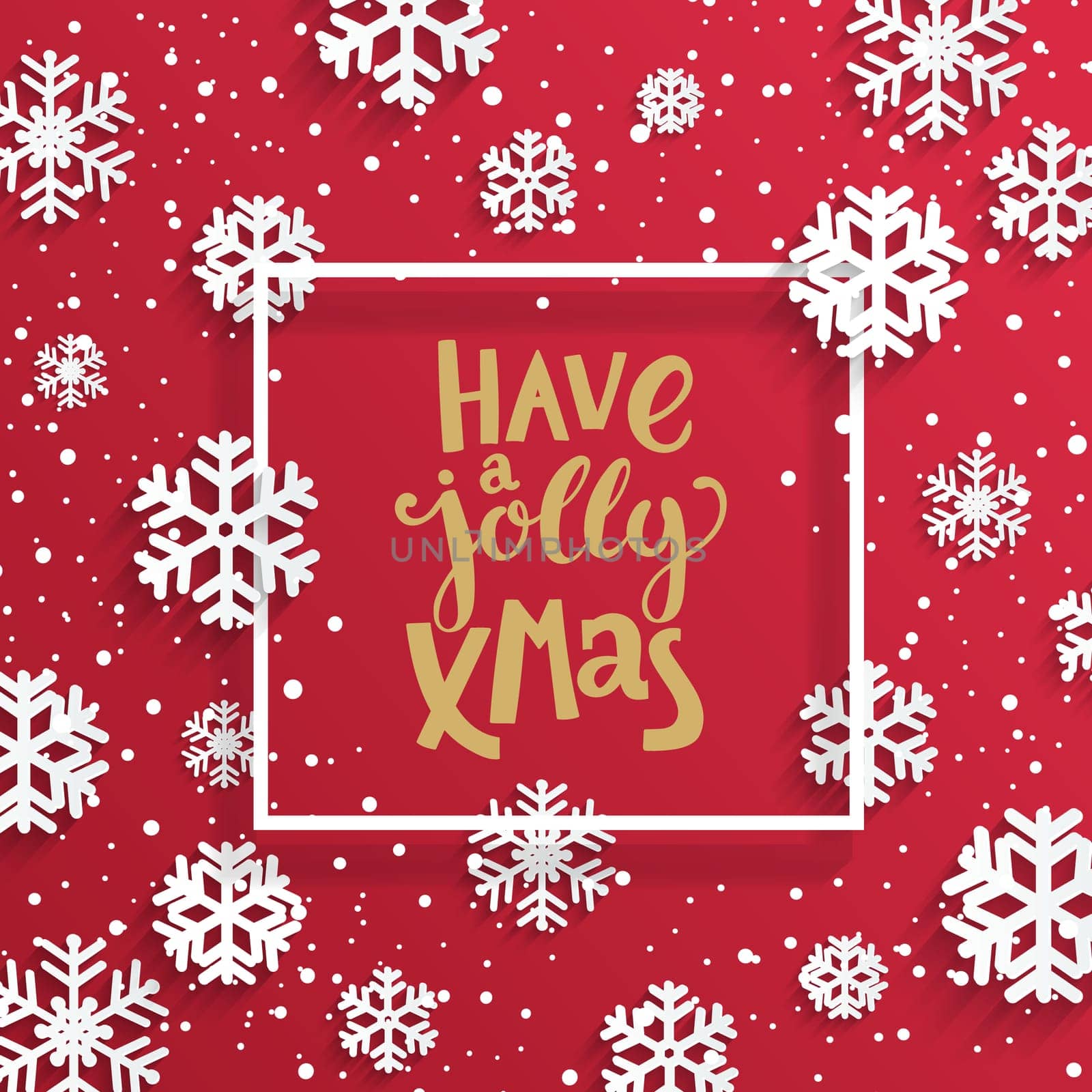Happy jolly xmas card with lettering and snowflakes on red background. Vector illustration banner.
