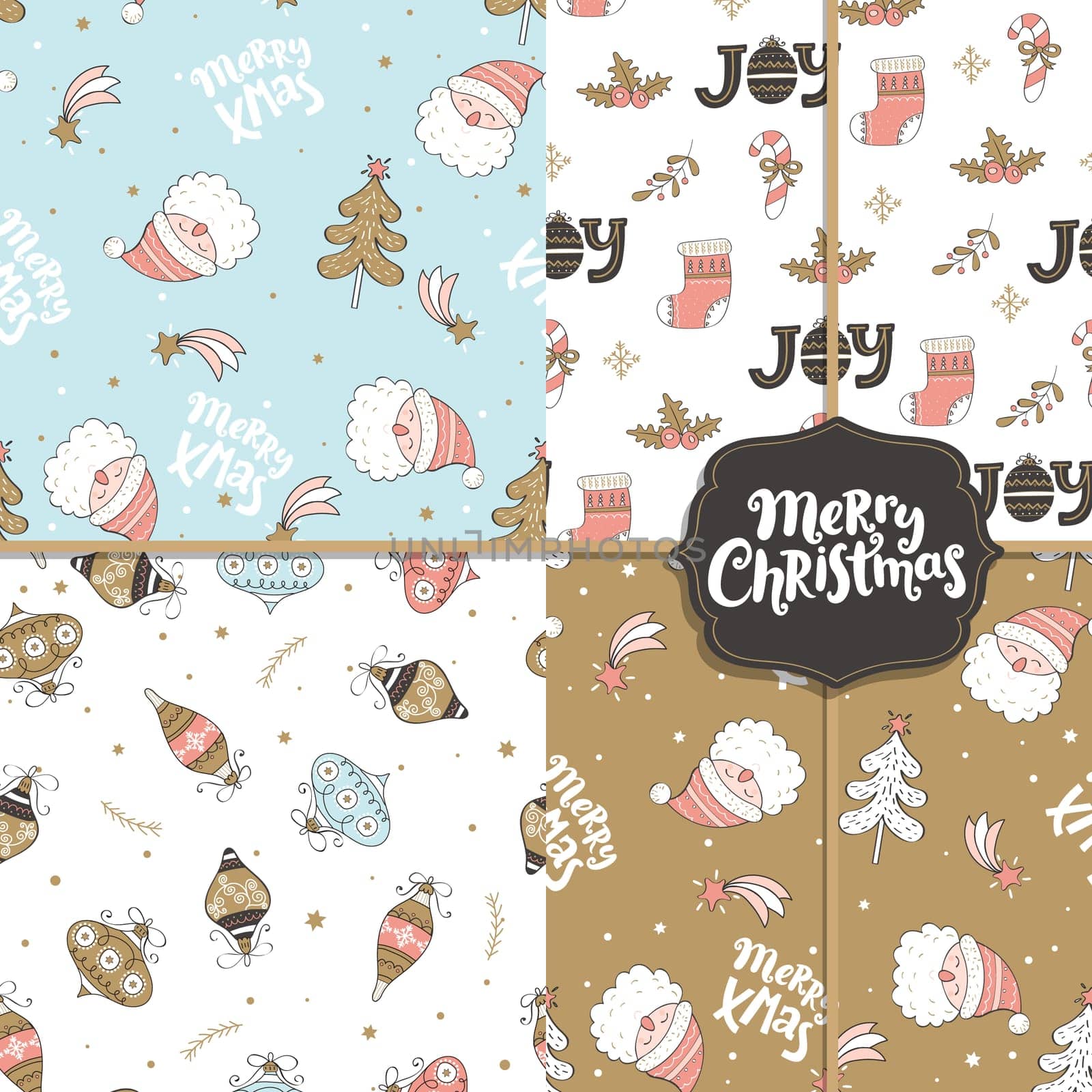 Set of New Year and Christmas seamless patterns. Vector Illustration.