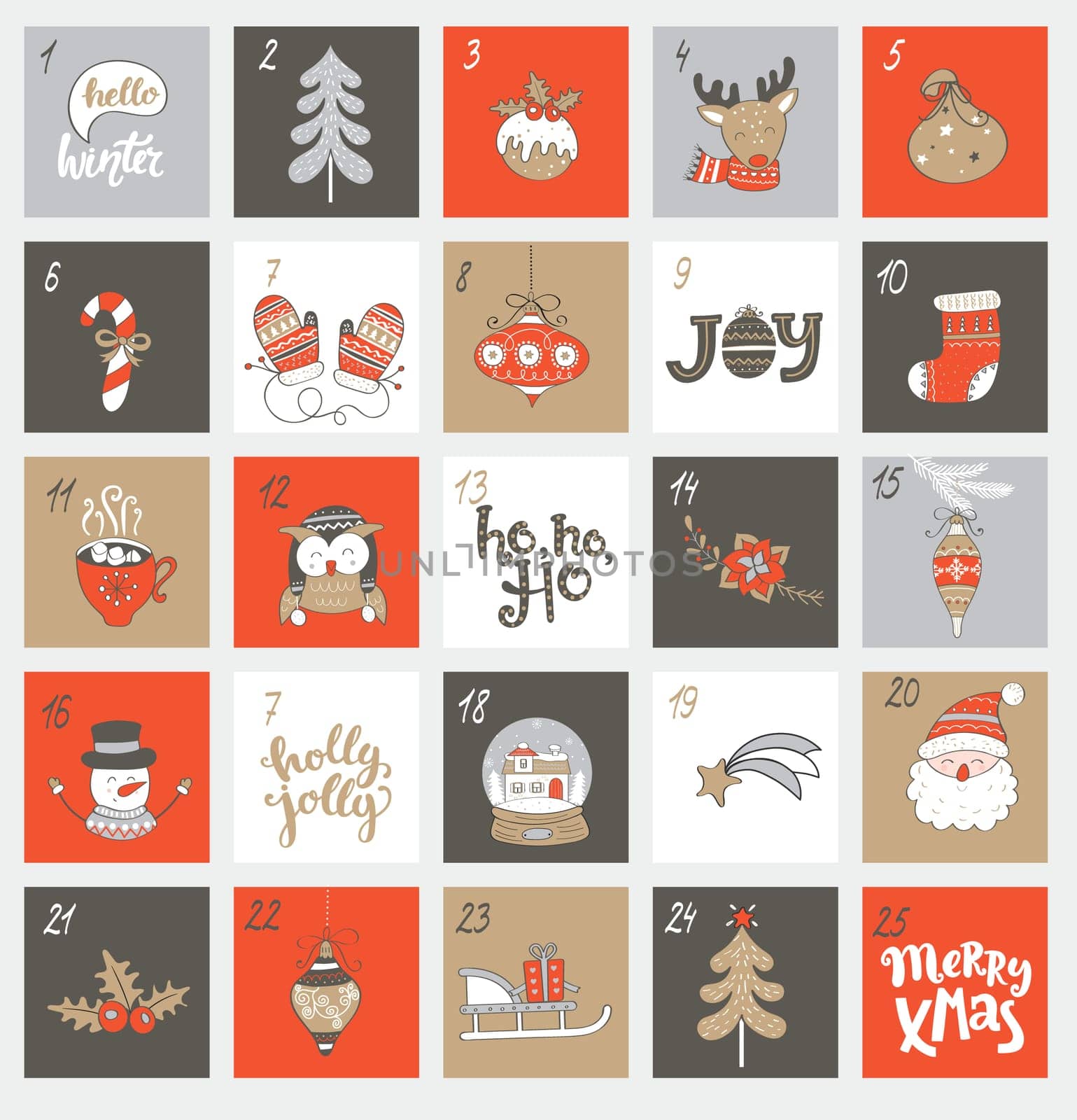Christmas advent calendar with different christmas symbols for your design. Vector illustration.