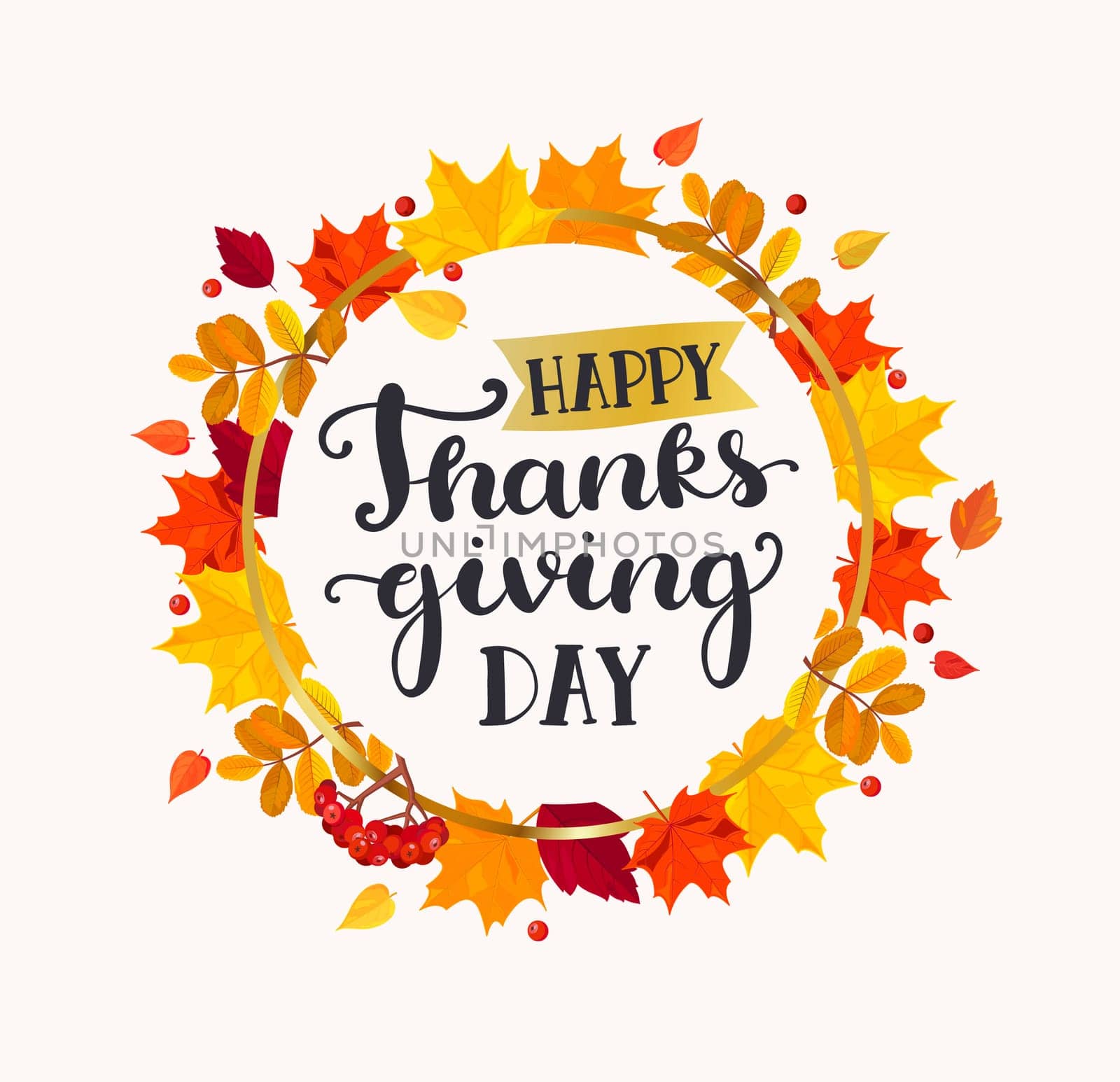 Happy Thanksgiving day lettering in frame from autumn leaves. Vector illustration.